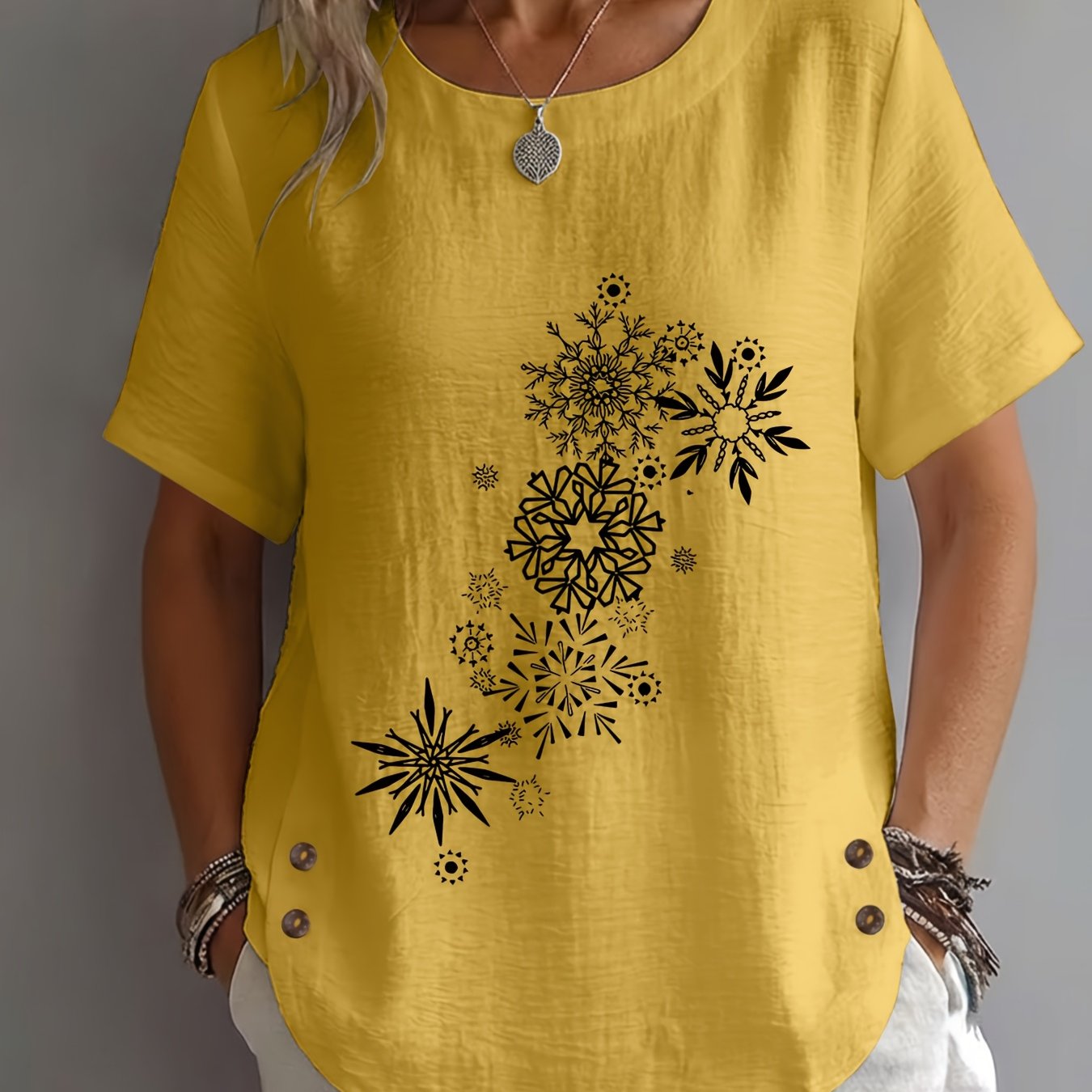 TEMU Spring Summer Women's Top, Easy Style Snowflake Line Pattern Print Elegant Mature Casual Round Neck Short Sleeve Women's Clothing