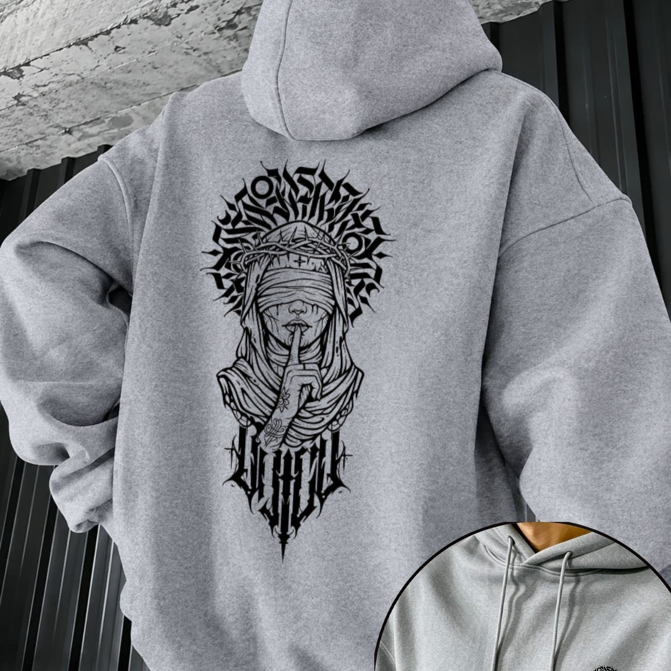 Image of Winter Fleece Hooded Sweatshirt For Men With Gothic Back Print And Chest, Pullover, Street Style Loose Drop Shoulder