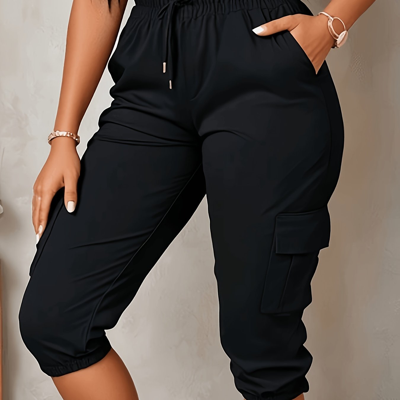 TEMU Plus Size - Kwja Plus Size Spring Summer New Style Pocket Drawstring Tight Women's 3/4 Length Pants