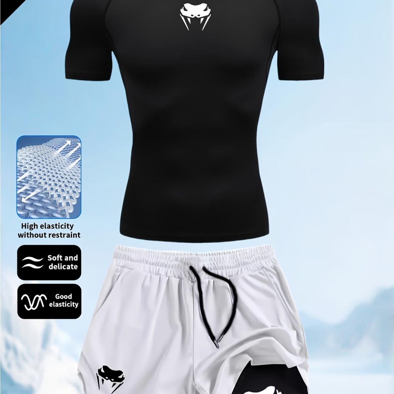 TEMU Completo da 2 pezzi maglietta e pantaloncini, design stampato, tessuto in maglia di poliestere traspirante ad asciugatura rapida, maniche corte,