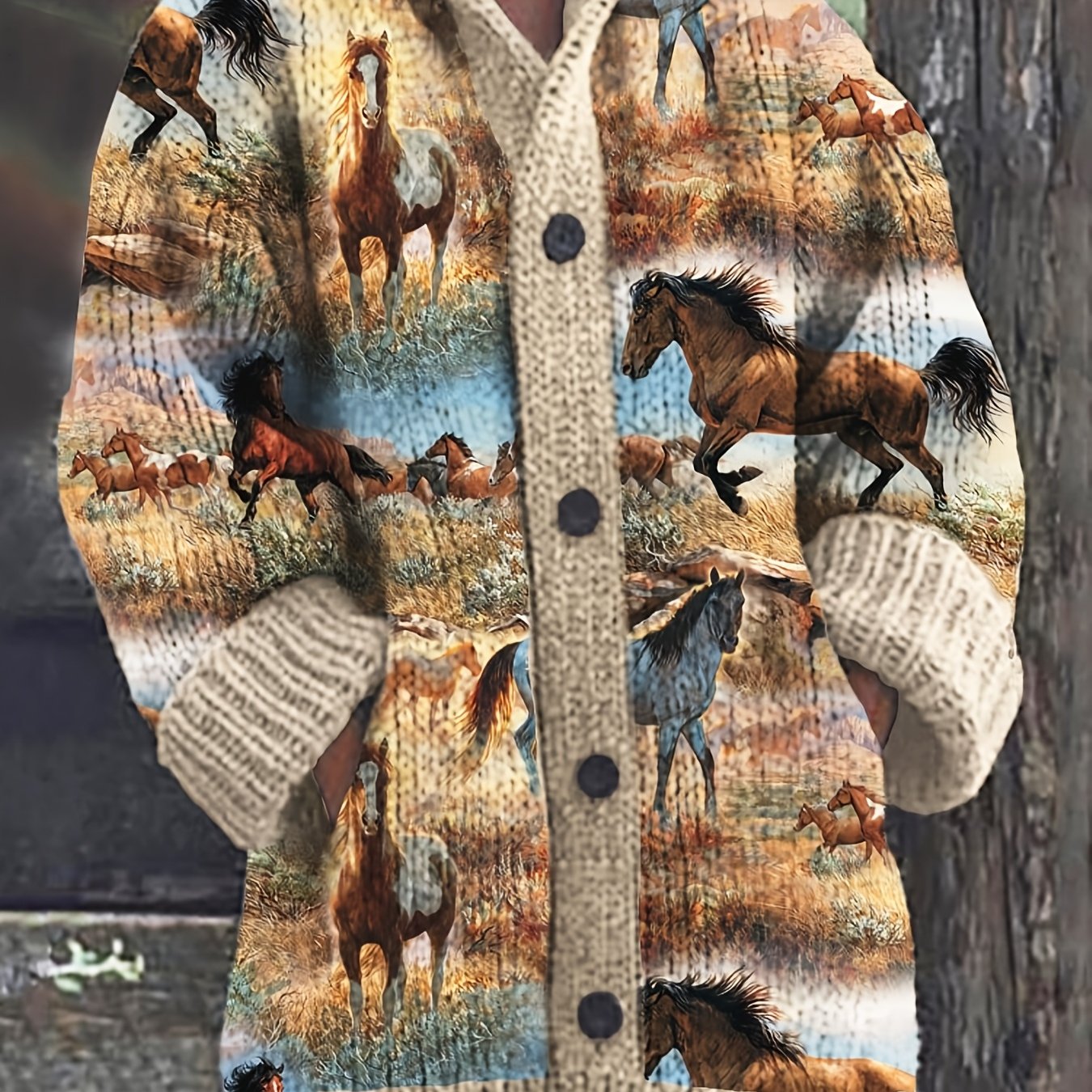 item picture vintage horse print hooded jacket button front casual coat artistic western style coat trendy long sleeve streetwear   statement jacket suitable for daily wear and outdoor looks