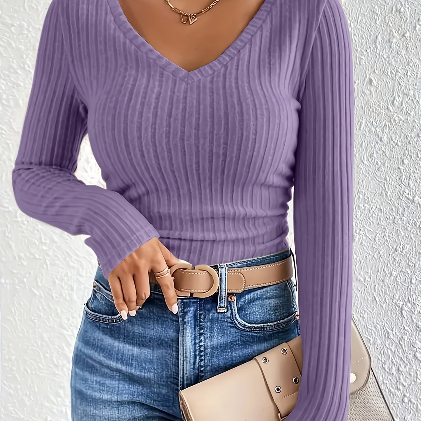 TEMU Women's V-neck Long Sleeve Ribbed Brushed Loose T-shirt, Western Style Casual Top