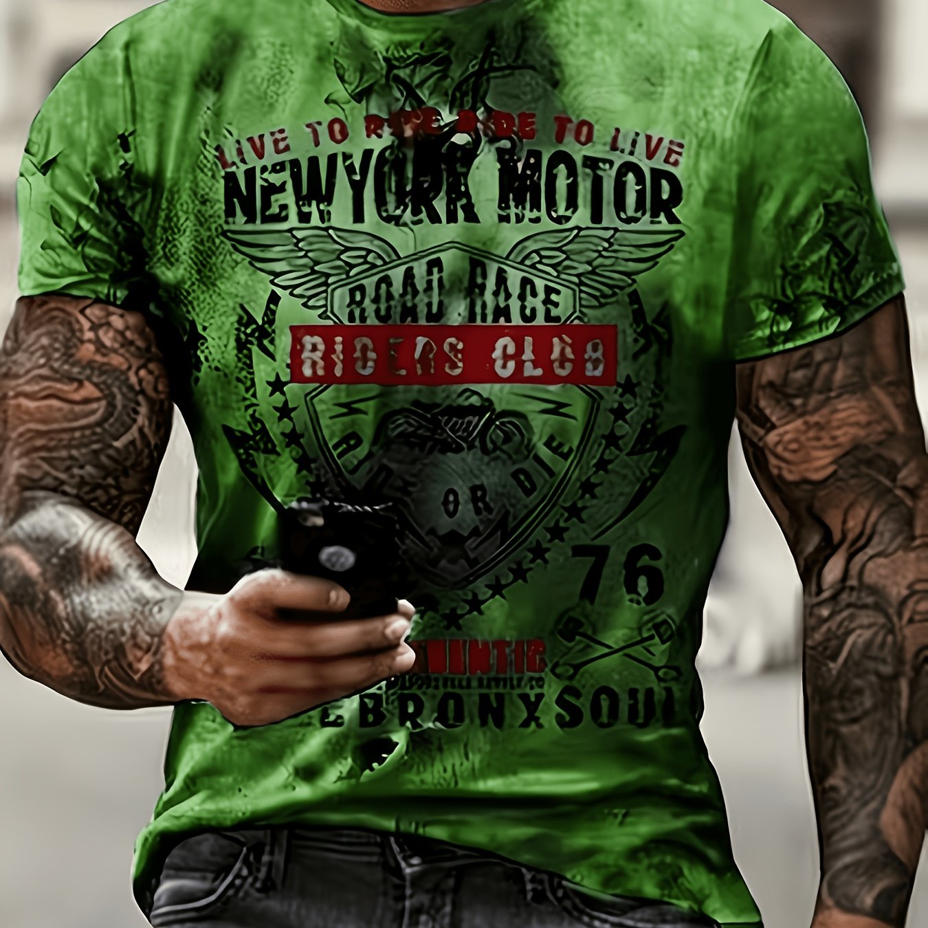 TEMU Men's Plus Size Motorcycle Racing Graphic T-shirt - Print, Short Sleeve, Round Neck, Lightweight Stretch, Summer , Plus Size