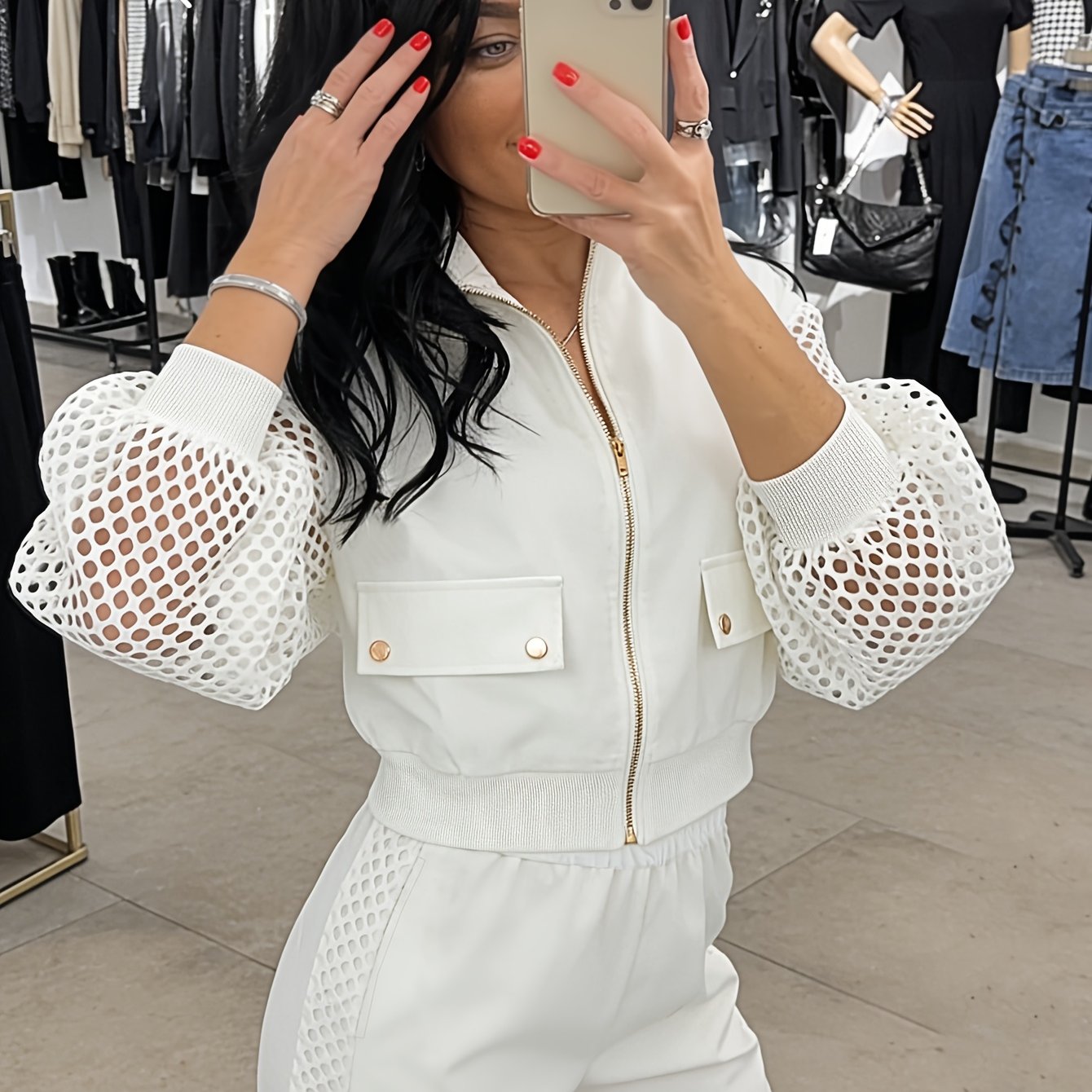 E-shop Frühlingsweißes, hohles, zweiteiliges Set für Damen, kurze Jacke + Hose mit weitem Bein, mit , modisches, temperamentvolles, lässiges, locker