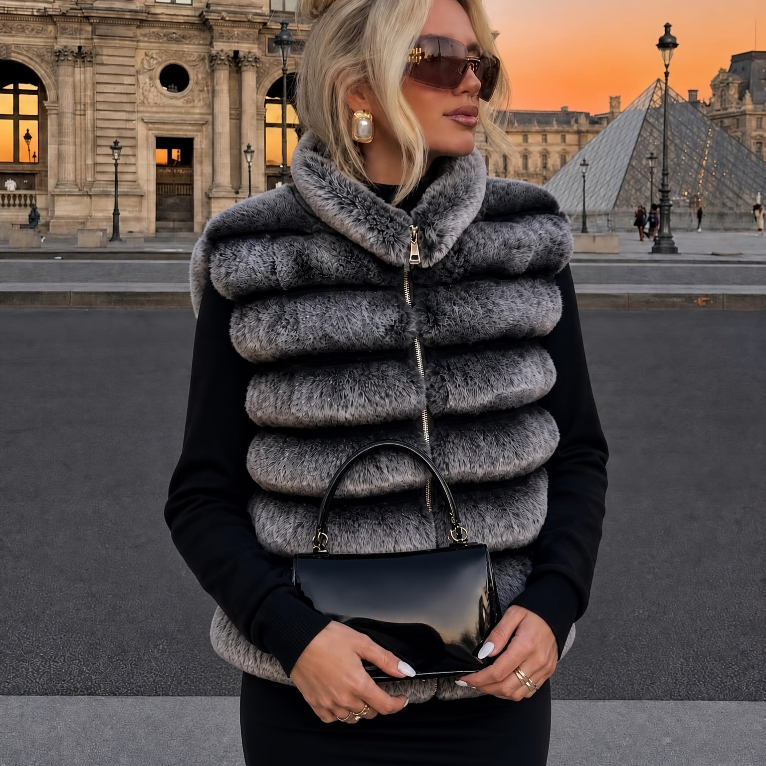 TEMU Gilet en peluche à col montant et fermeture éclair pour femme, gilet manches à rayures en peluche pour la chaleur automne/hiver, vêtement