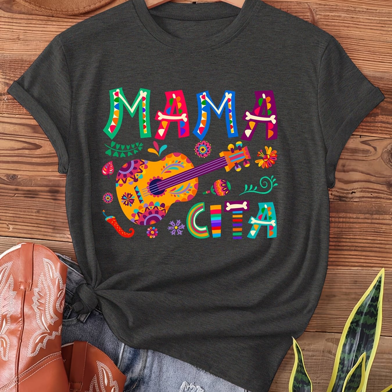 TEMU Mama Mexican Graphic Tee, Short-sleeved Crew Neck Casual Shirt Perfect For Spring And Summer, Women's Apparel