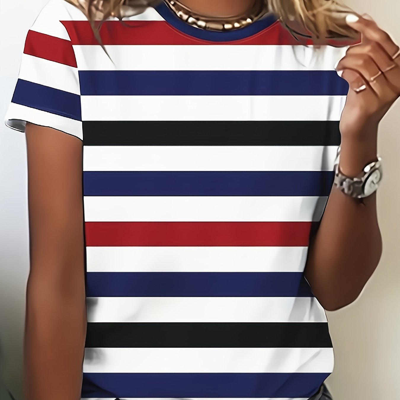 A Spring/summer Striped Short-sleeve T-shirt - Short-sleeve Round-neck Top, Soft Polyester And Spandex Blend, Machine Washable