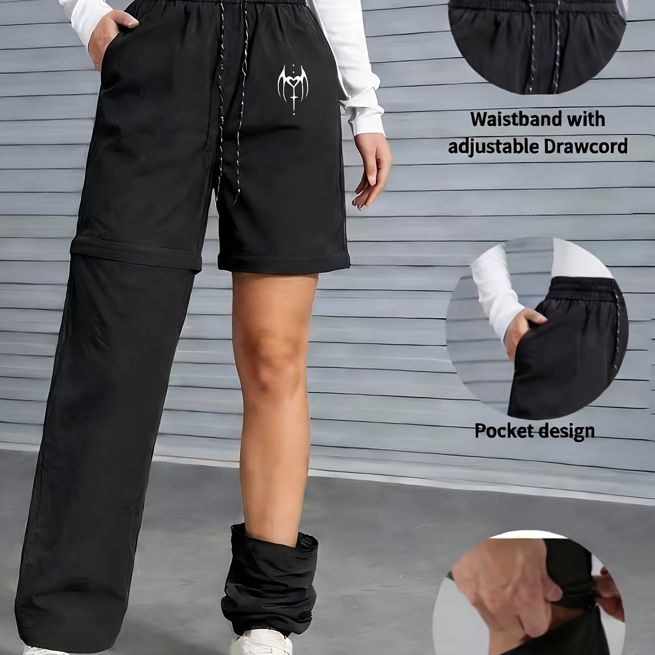 TEMU Women's Outdoor Casual Pants With Fashionable Print Design, Convertible Into Shorts, In 3 Colors, Drawstring Elastic Waist, Trendy And