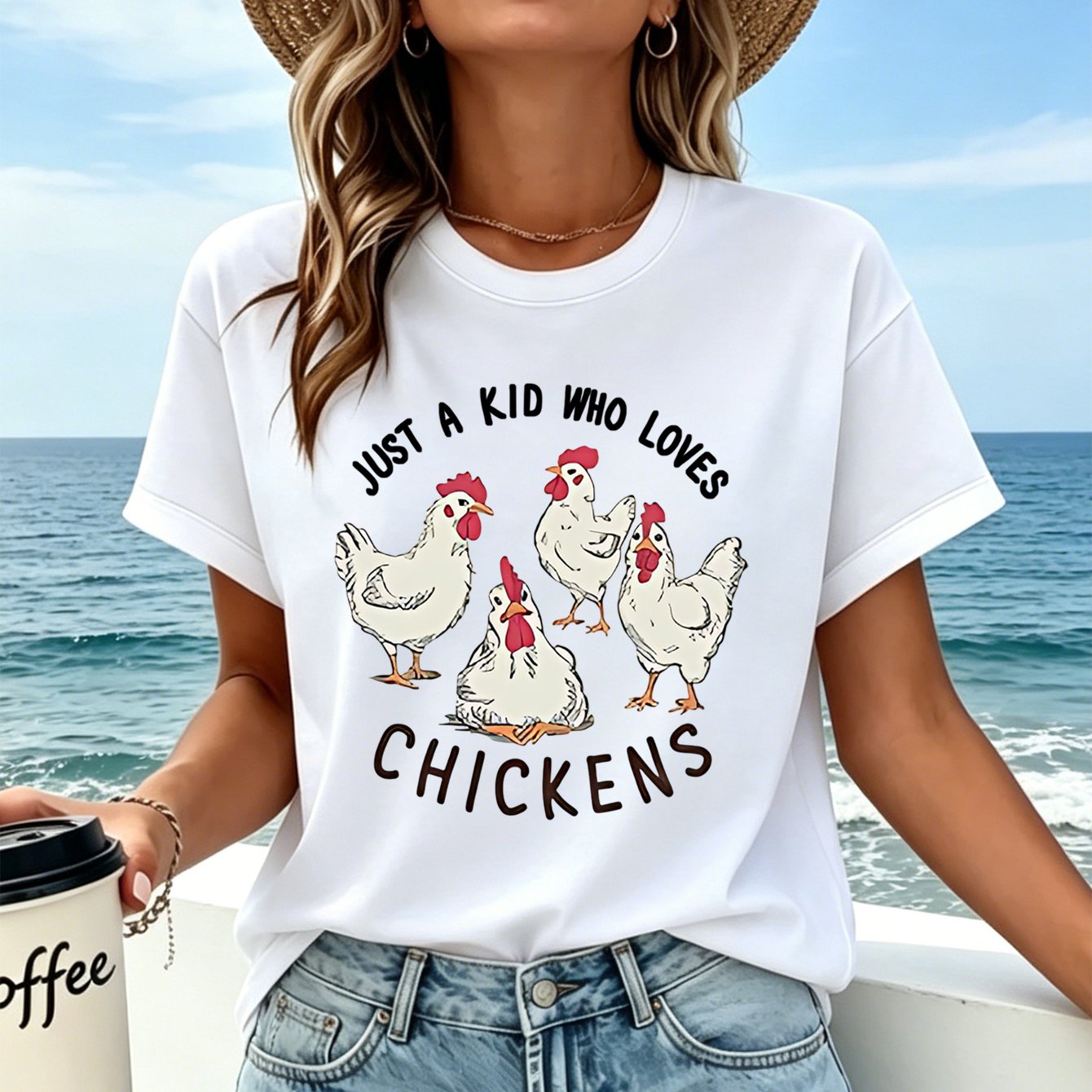 TEMU Women's Fashion Trendy Round Neck Printed T-shirt Featuring 4 Hand-drawn White Chicks With Red Combs And Orange Feet. Surrounded By A Black