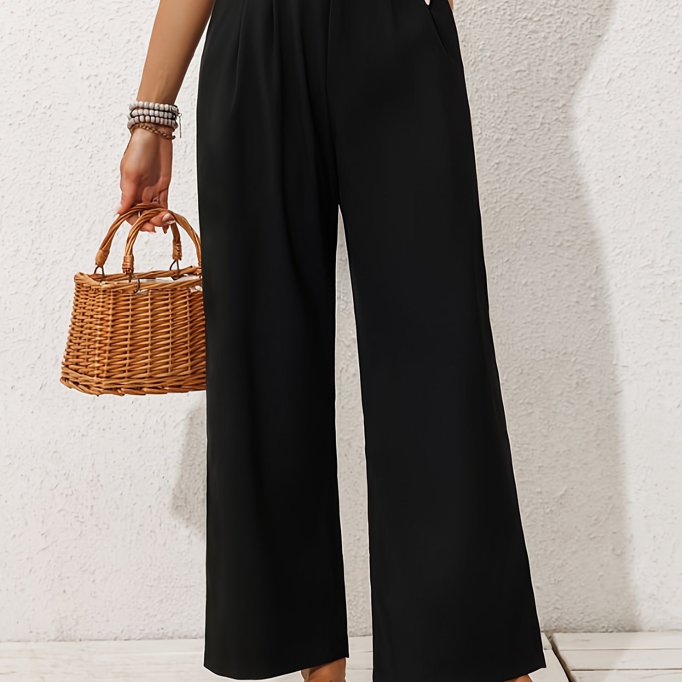 TEMU Elegant High-waist Wide-leg Pants For Women - Solid Color, Polyester Blend, Machine Washable With Pockets