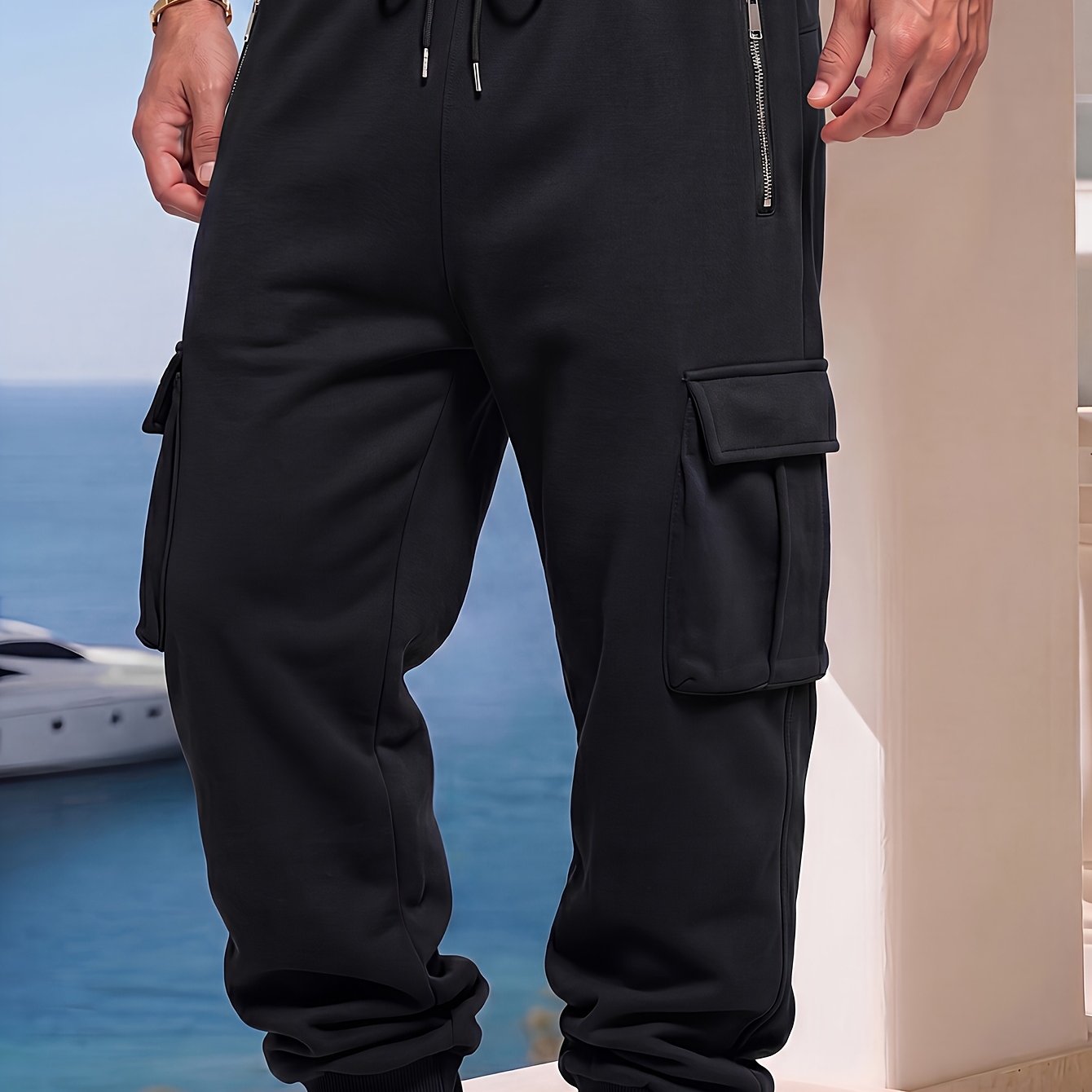 TEMU 's Casual Trousers - Stylish And Aesthetic Zipper Pockets, Autumn/winter Solid Color Heavyweight -lined And Thickened, Cargo Pants, Stylish And