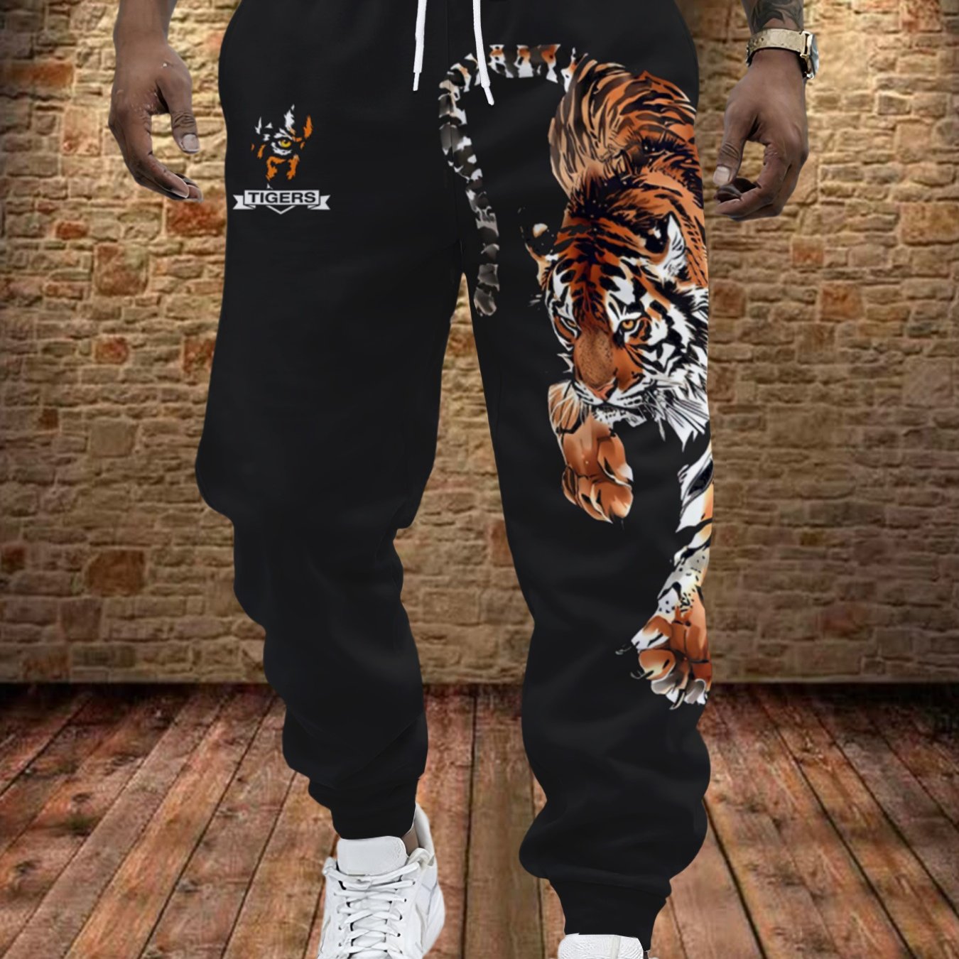 TEMU Men's Domineering Tiger Print Jogger Pants, Trendy Streetwear Drawstring Elastic Waist Casual Sweatpants