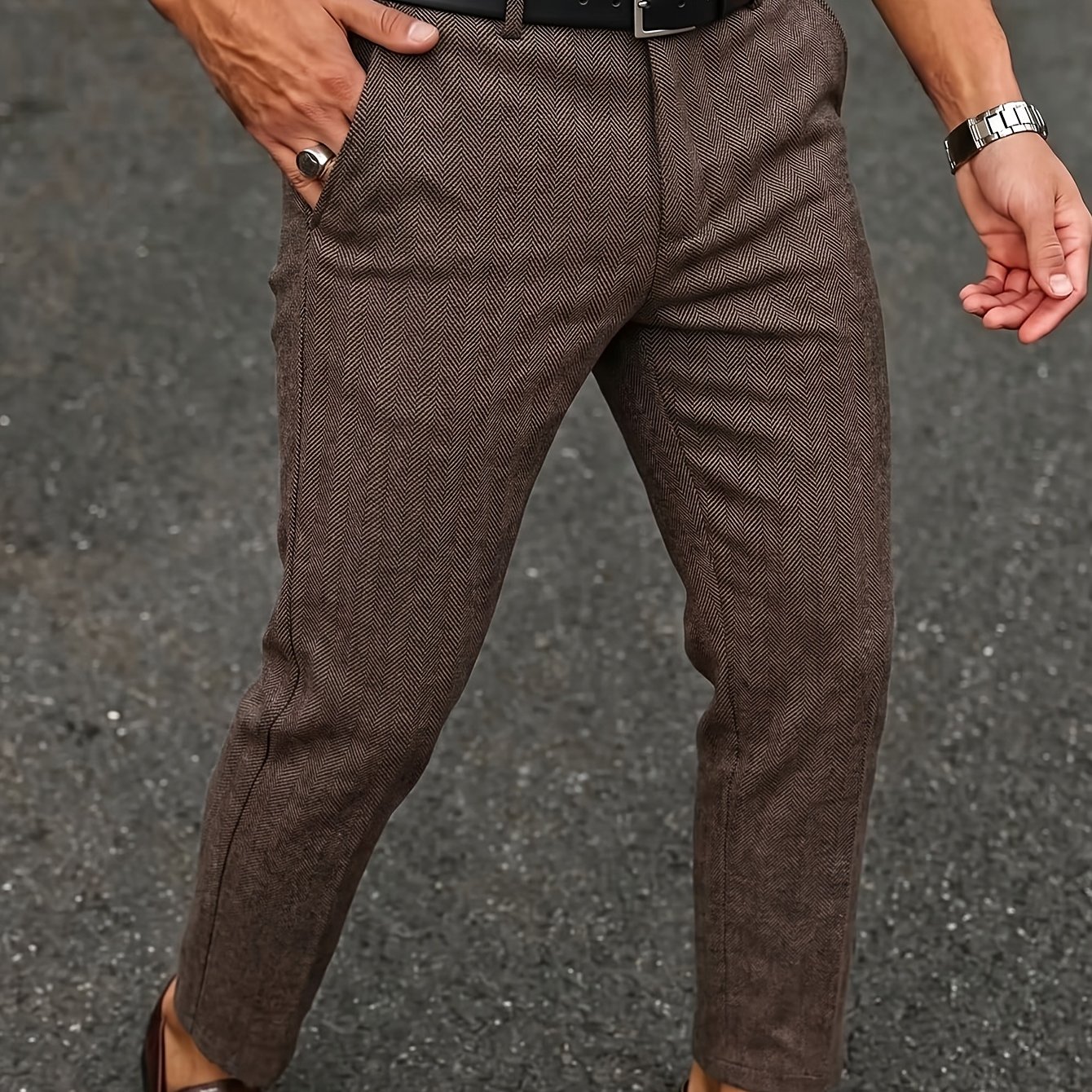 TEMU Men's Summer Lightweight Herringbone Check Dress Pants, Light Business Casual Loose Straight-leg , Versatile Suit Trousers For Daily Commuting