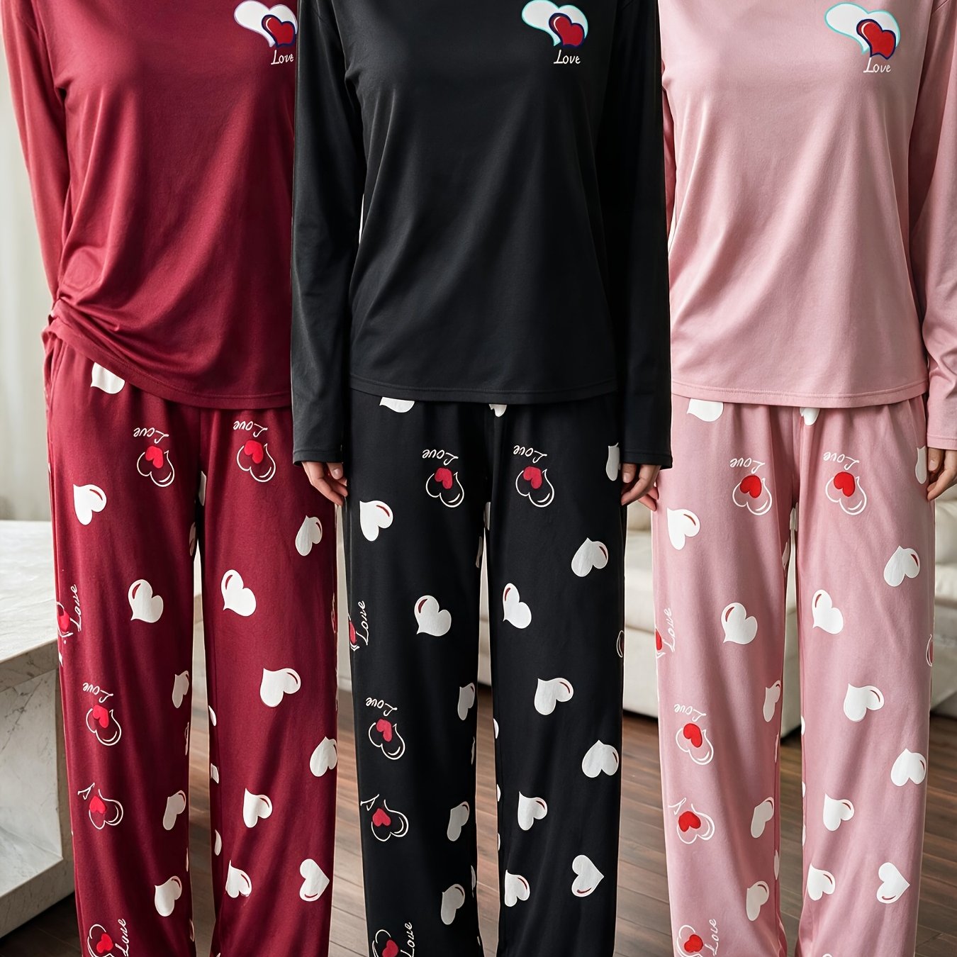 Image of 3pcs And 6pcs Heart Pajama Sets For Spring, Autumn, And Winter, Long-sleeve Crewneck Tops With Long Pants, Comfortable Pajama And Loungewear Sets