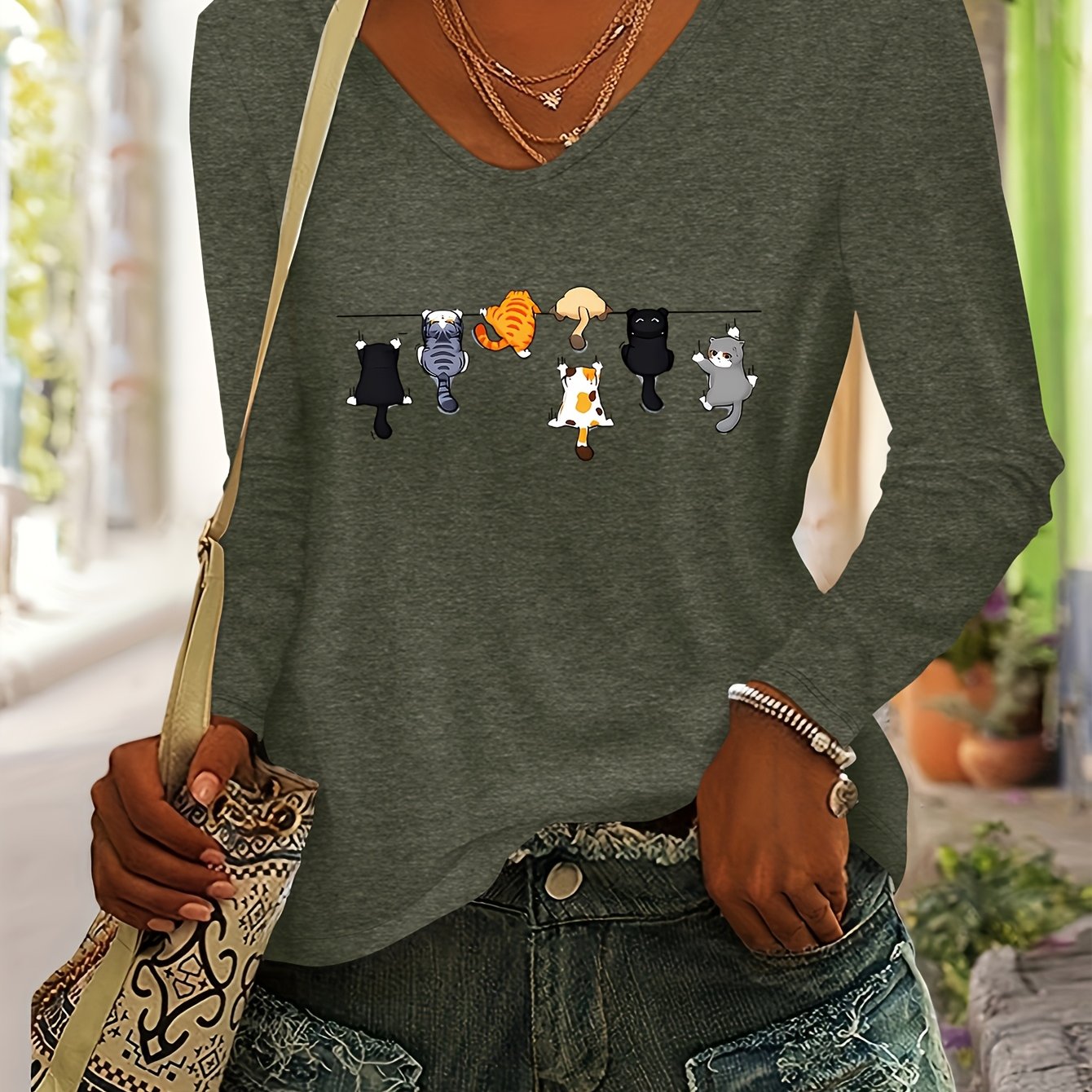 TEMU Cute Cat Print Women's Autumn And Winter Top, Versatile Casual Fashion, Colorful V-neck Long Sleeve T-shirt