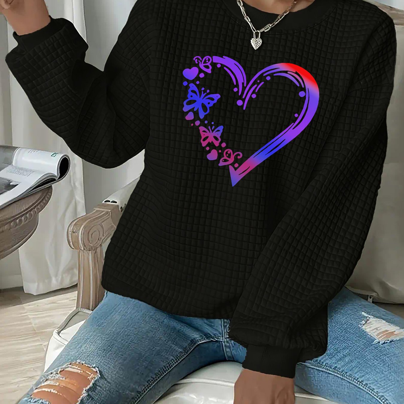 TEMU Plus Size - Plus Size - Plus-size Women's Waffle Textured Sweatshirt, A Stylish And Versatile Printed Hoodie