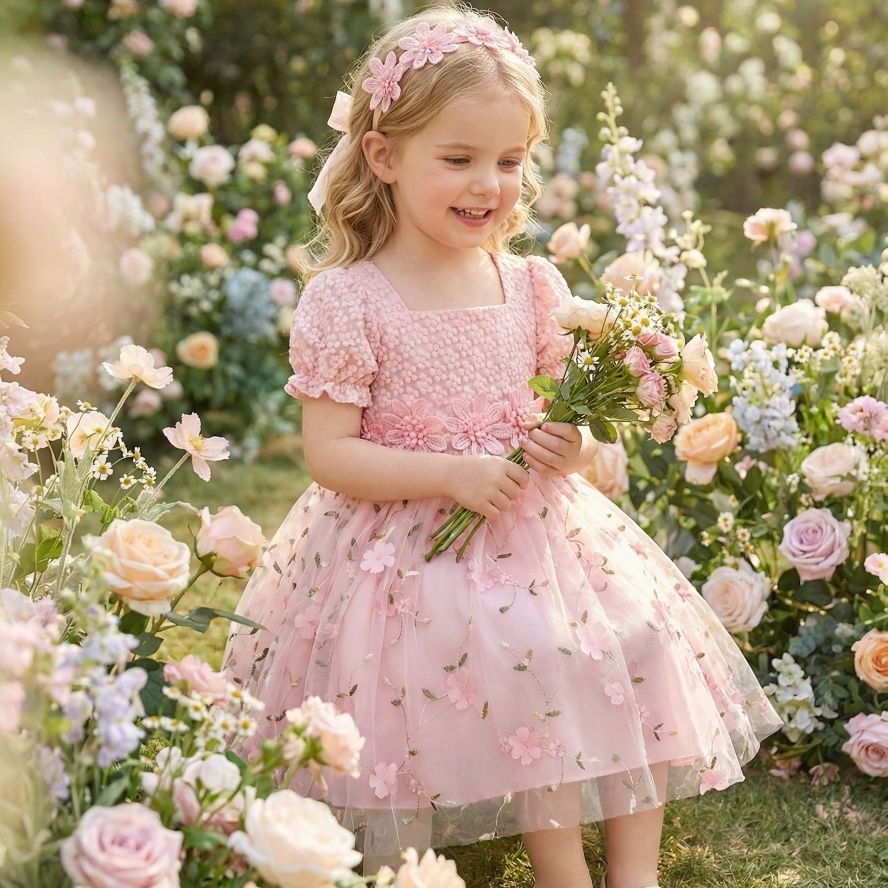 Image of Girls' 3d Floral Embellished Mesh Dress, Sweet And Elegant Square Neck And Sleeve Design, Floral Jacquard Fabric And Mesh, Perfect For , Parties, And Gatherings