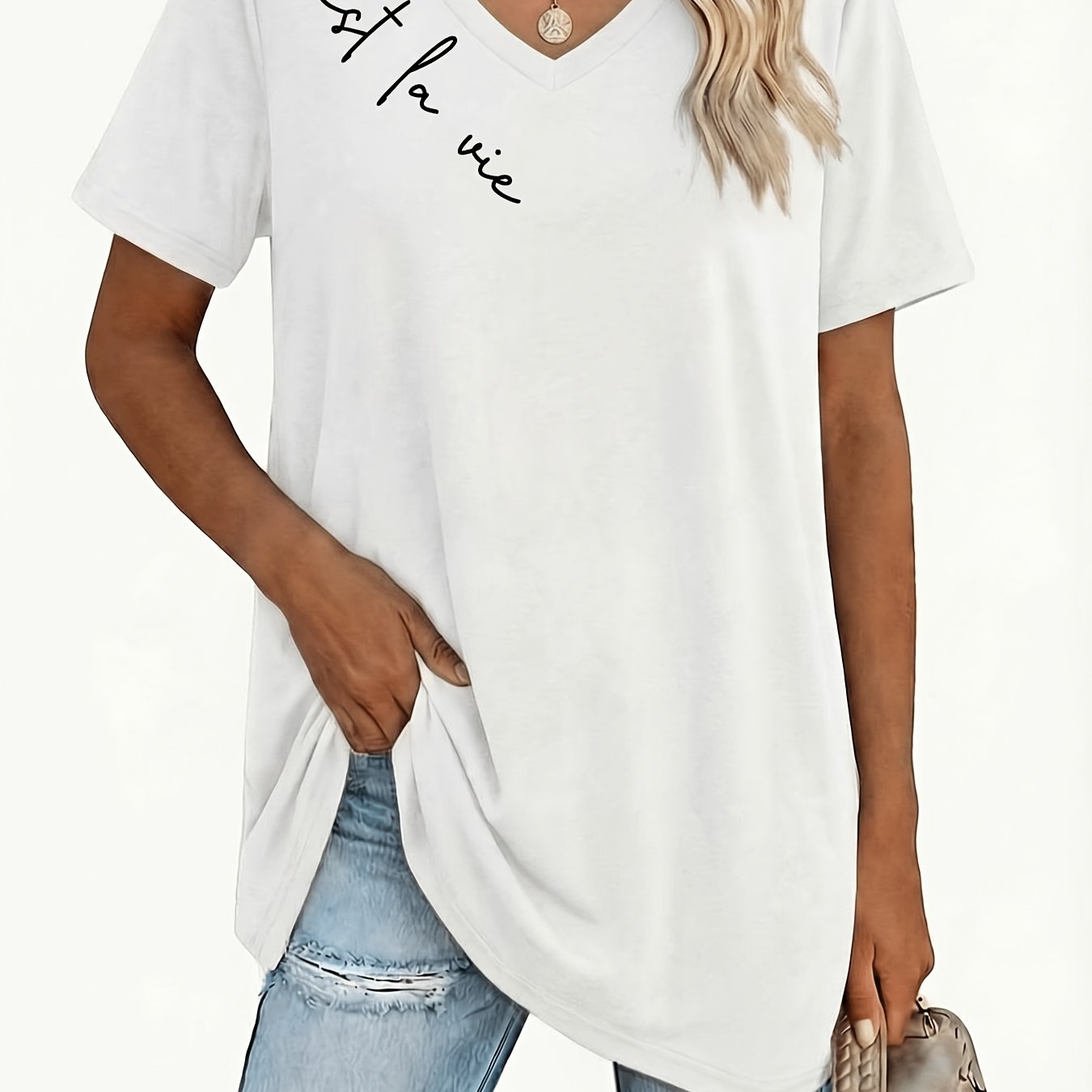 TEMU Plus Size Women's V-neck Short Sleeve Comfortable Loose T-shirt