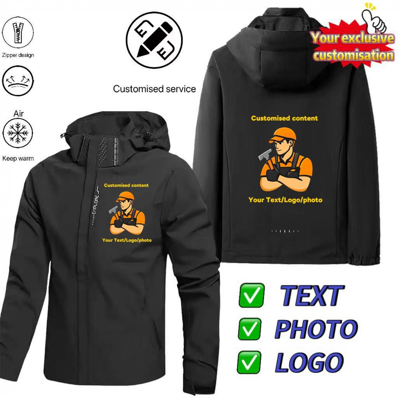 TEMU Men's Custom Logo Hooded Jacket With Zippered Pockets, Long Sleeves, Loose Fit, Polyester Fabric | Casual Sportswear | Durable Zipper Closure
