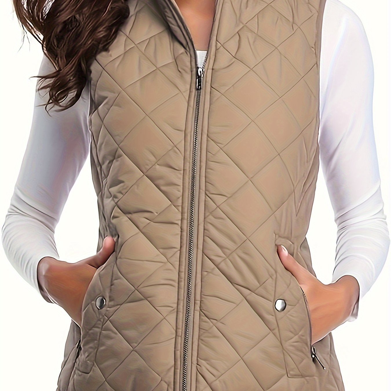TEMU Fashion Diamond Pattern Sleeveless Vest-zippered Autumn And Winter Jacket, Casual Three-dimensional Design, Breathable Fabric, Suitable For