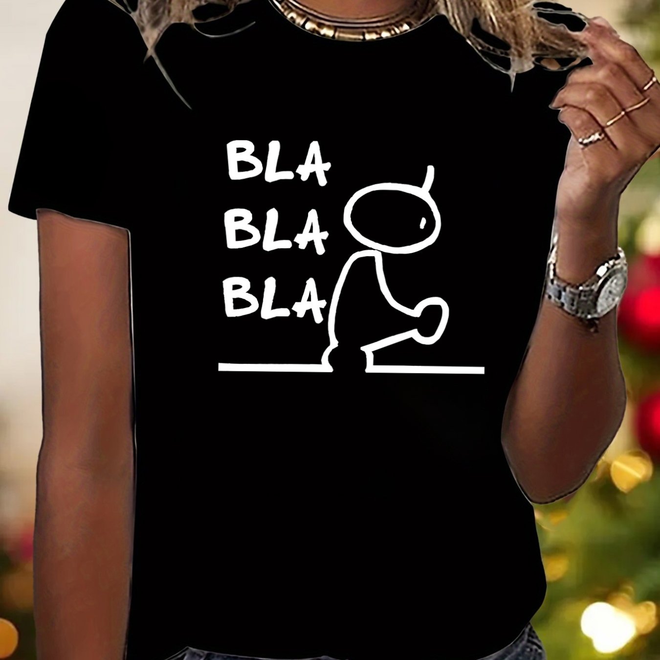 Image of Plus Size, Neck Short Sleeve T-shirt With Fun And " Bla" Text Print Design- Elegant And Fashionable- Y2k- Women's Casual Y Fashion Non-v Neck Short Sleeve T-shirt, Sizes S-xxl