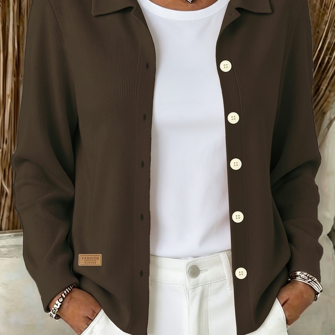 TEMU Relaxed Shirt-style Cardigan, Fashion Lapel Jacket, Single Button Long Sleeve Loose Design, Home And Top