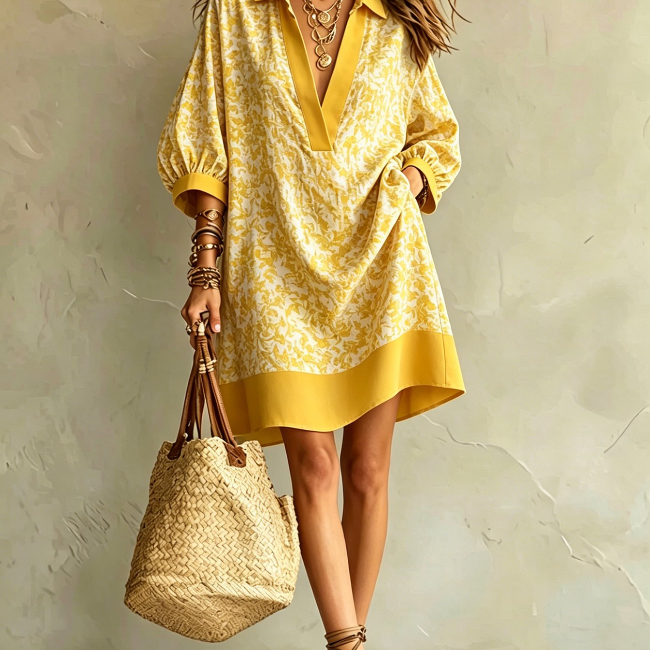 Image of Women's Summer Dress, Yellow Floral Block Lapel V Neck, Loose , Vacation , Breathable Comfortable Figure-flattering, Perfect For Beach Vacation Daily Commuting Shopping, Lightweight Fabric With