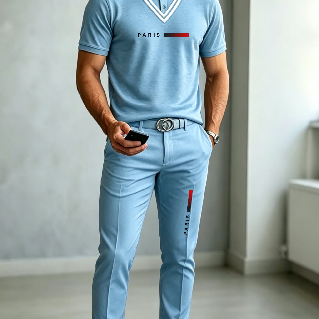 Image of 2pcs Set: Men's Business-casual Printed Shirt (short Sleeve) With Matching Trousers - Multiple Colors