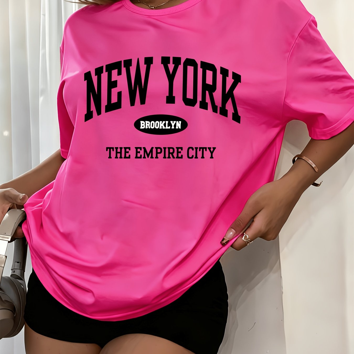 TEMU Women's Oversized Graphic T-shirt - Short Sleeve Crew Neck Tee With Nyc Print, Loose Fit Casual Summer Top Suitable For Spring, Fall Outfits,