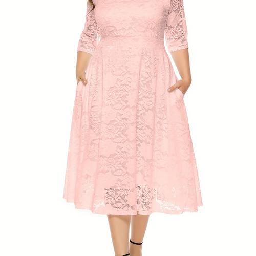 plus size guipure lace pocket dress elegant solid color crew neck half sleeve dress for spring summer womens plus size clothing