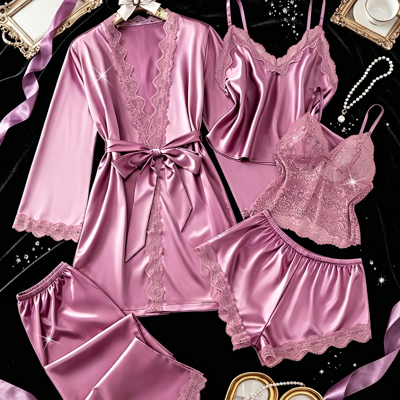 TEMU 5pcs Retro Elegant Solid-color Pajamas& Robe Contrast Lace V-neck Backless Design, All Season Wear