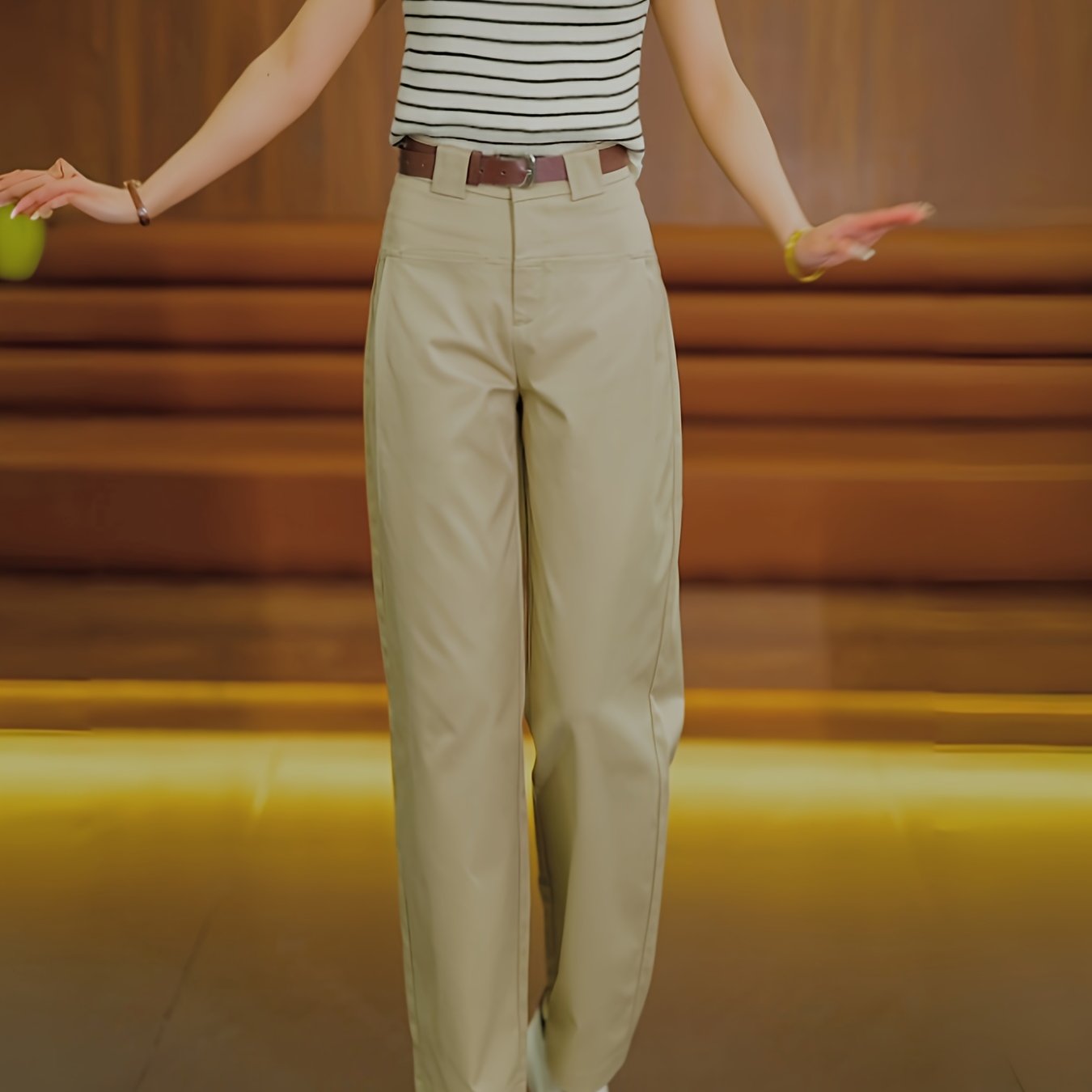 TEMU レディース ストレートレッグ ハーレムパンツ - ポケット付き伸縮ウエスト カジュアルトラウザー、春/秋用 長丈 洗濯機可 無地デザイン 快適フィット