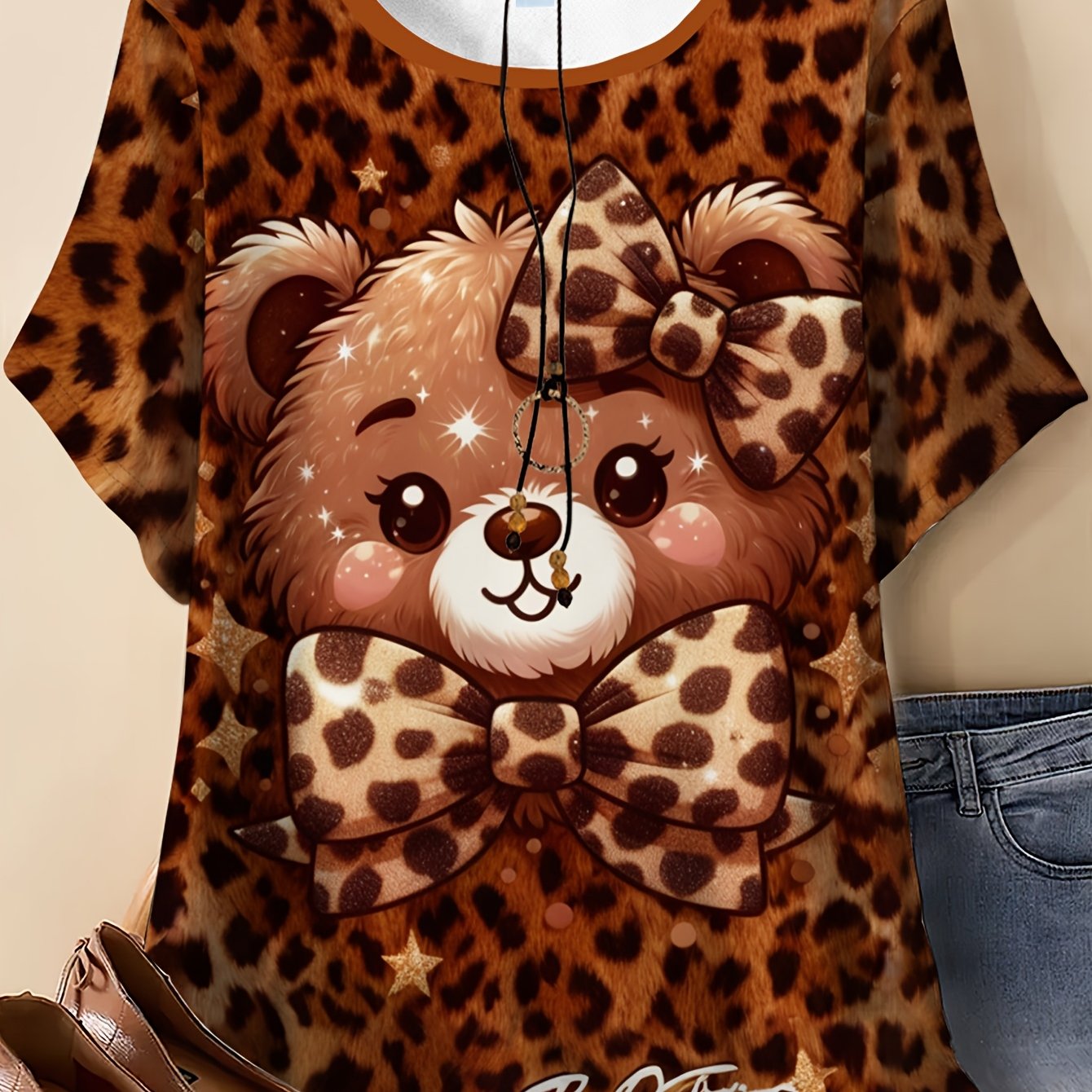 TEMU Plus Size, Women's Casual Short-sleeve T-shirt - Brown Leopard Print With Bow-tied Bear Print Design - T-shirt, Single Item, Fashionable, Fresh,