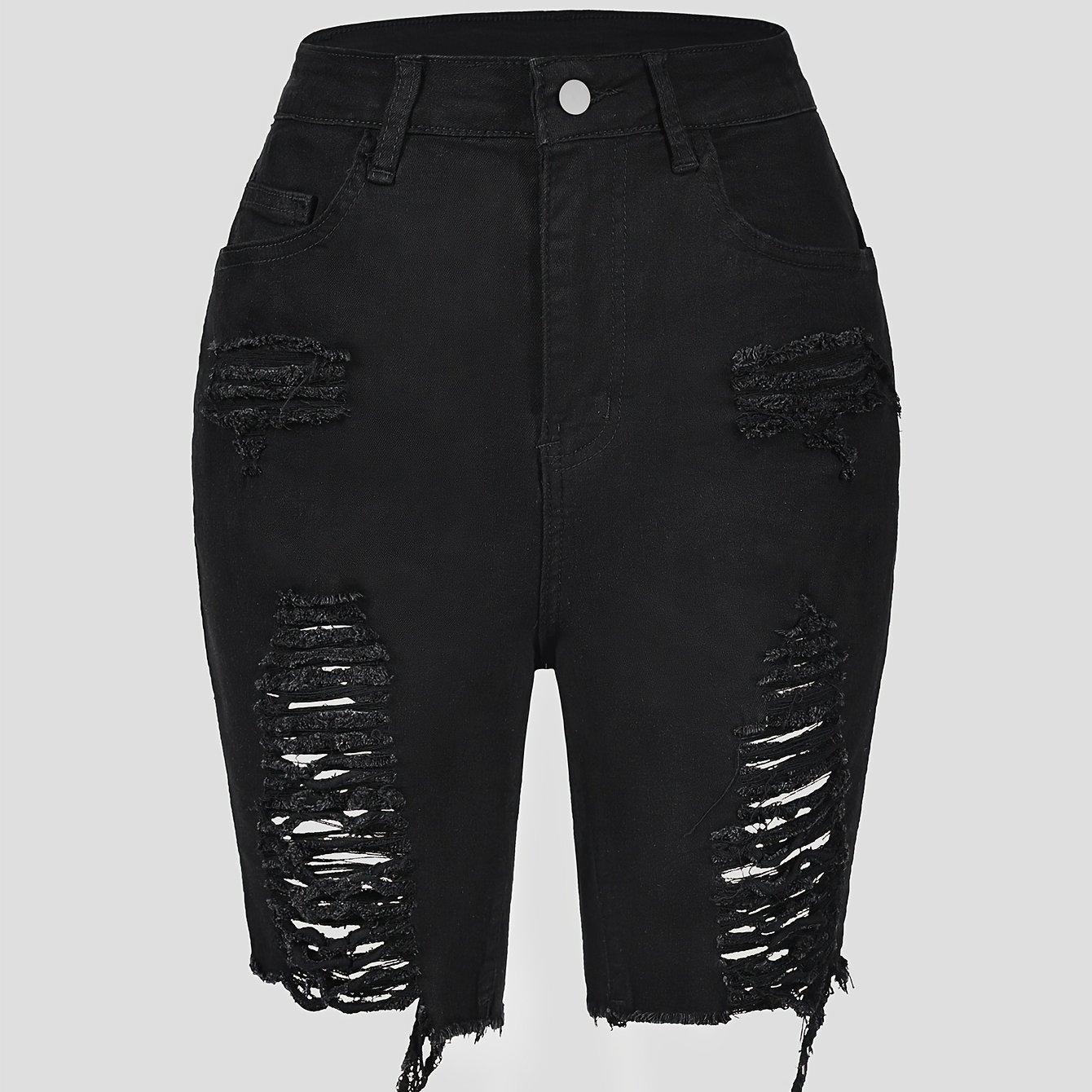 Plus Size Black Stretch Denim Shorts, Comfortable And Slim Fit, Suitable For Everyday Wear
