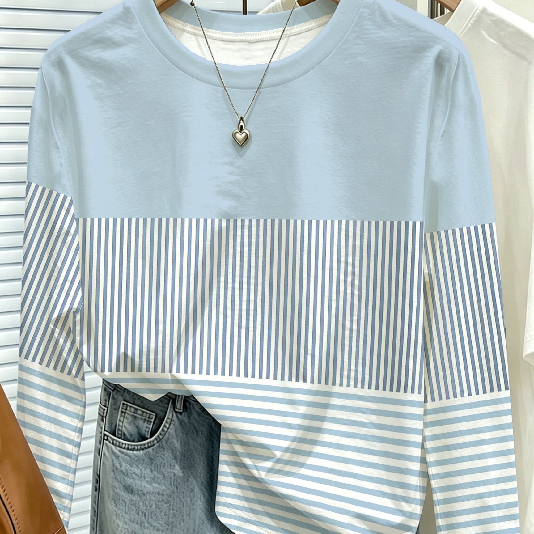 TEMU And -block Vertical Stripes Design, Striped Women's Round Neck Long Sleeve T-shirt, Autumn Base Layer Top, Easy , Versatile For Daily And