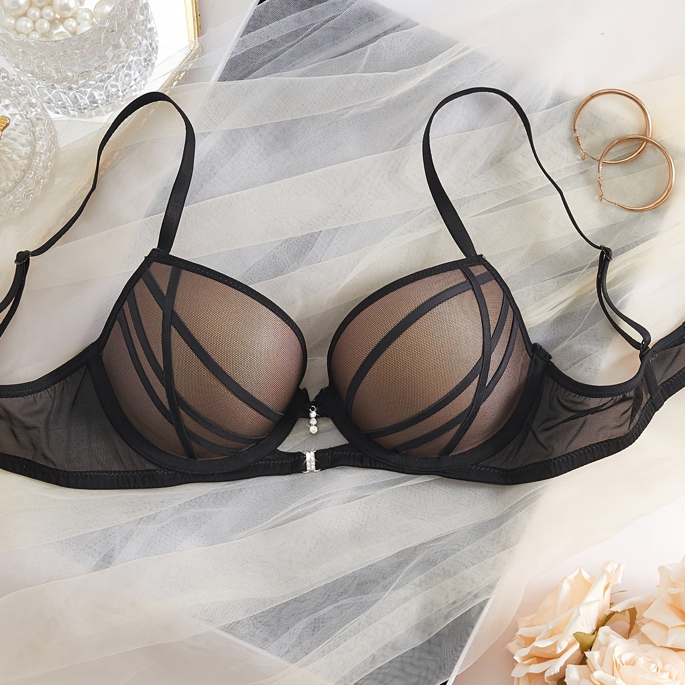 TEMU Elegant Good Quality Exquisite Decoration Comfortable Lace Thick Mold Cup Women's Bra Lingerie