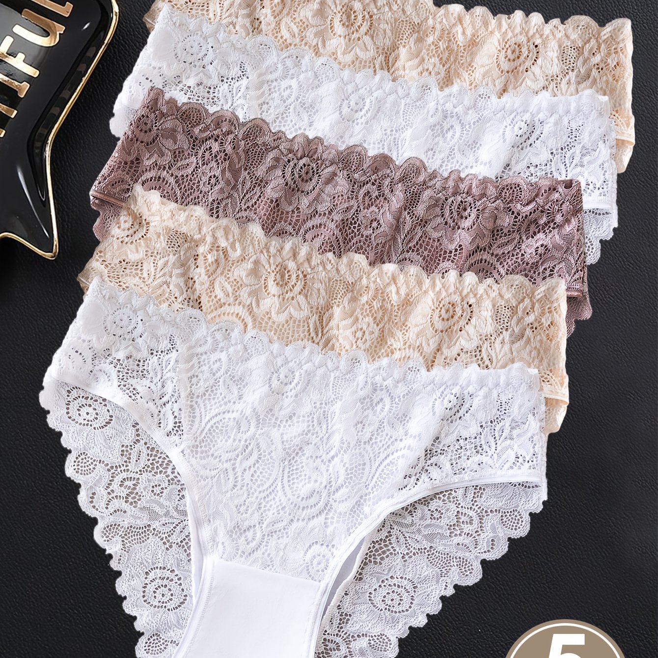 Image of 5pcs Solid Color Hollow Out Floral Lace Panties Women's Embroidery Briefs Comfy Underwear