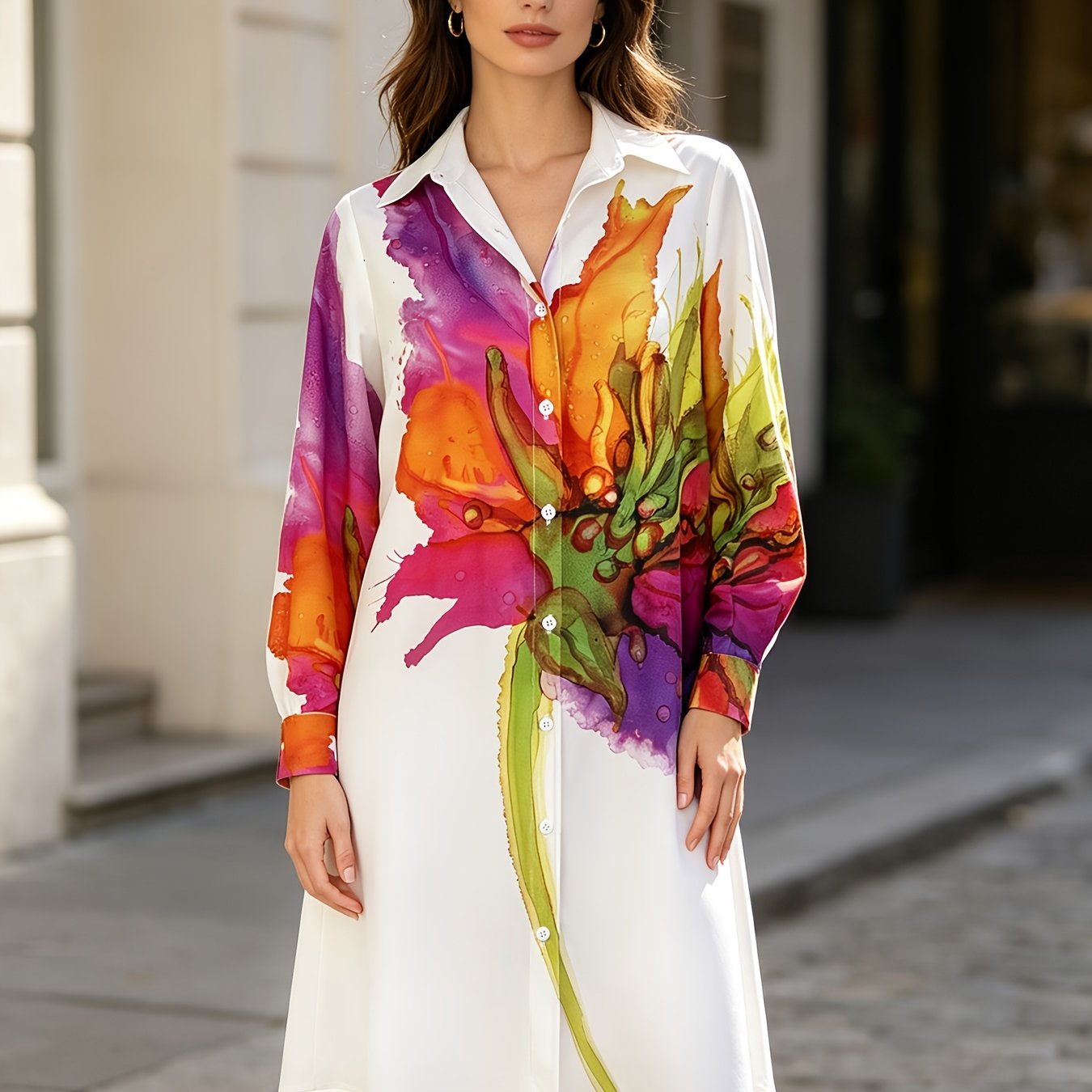 Image of Developed Spring, Summer, And Autumn Fashionable Floral Print Long-sleeve Elegant Women's Shirt Dress With Studded Buttons