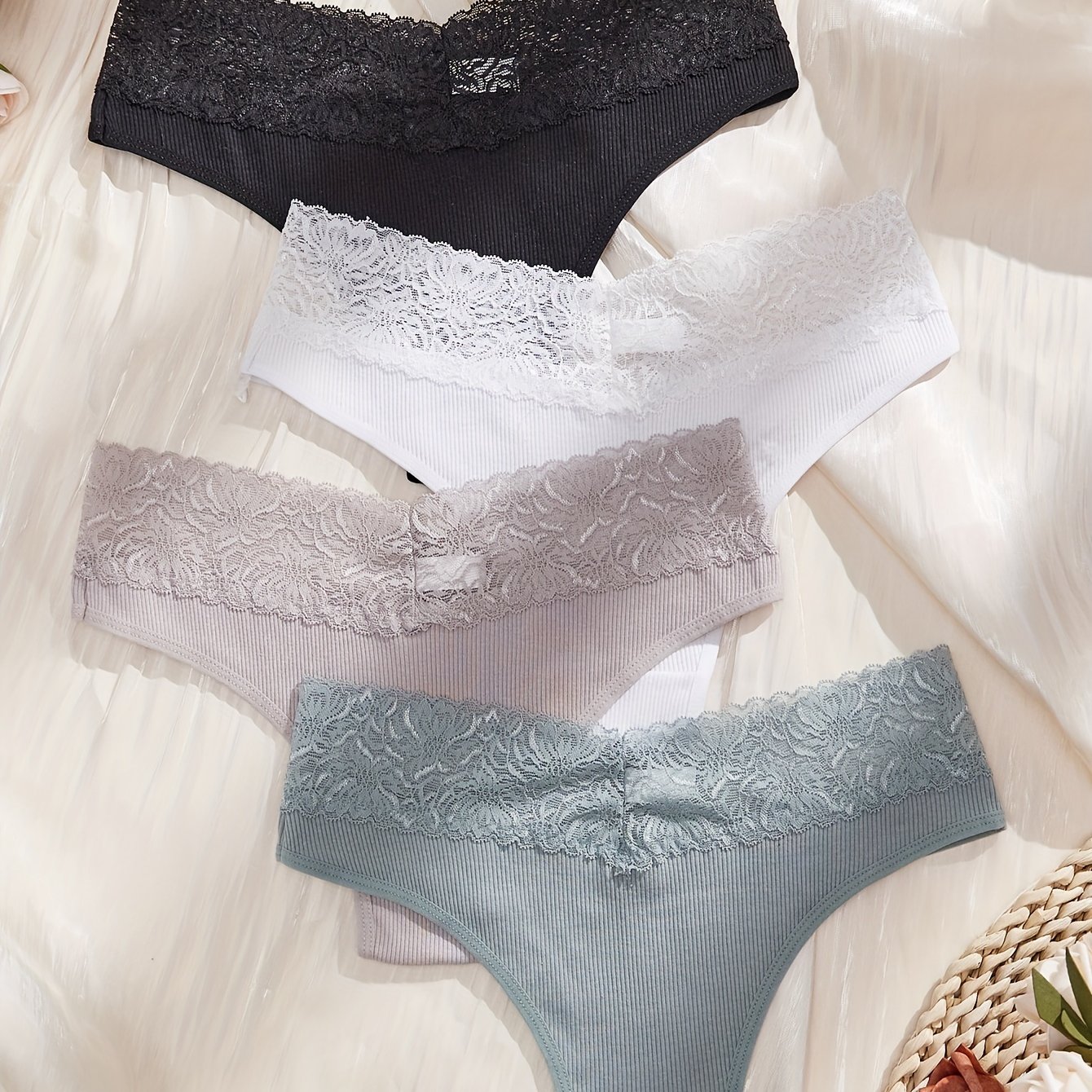 4pcs Women's Autumn/winter Comfortable Panties Elegant Lace Trim Triangle Underwear