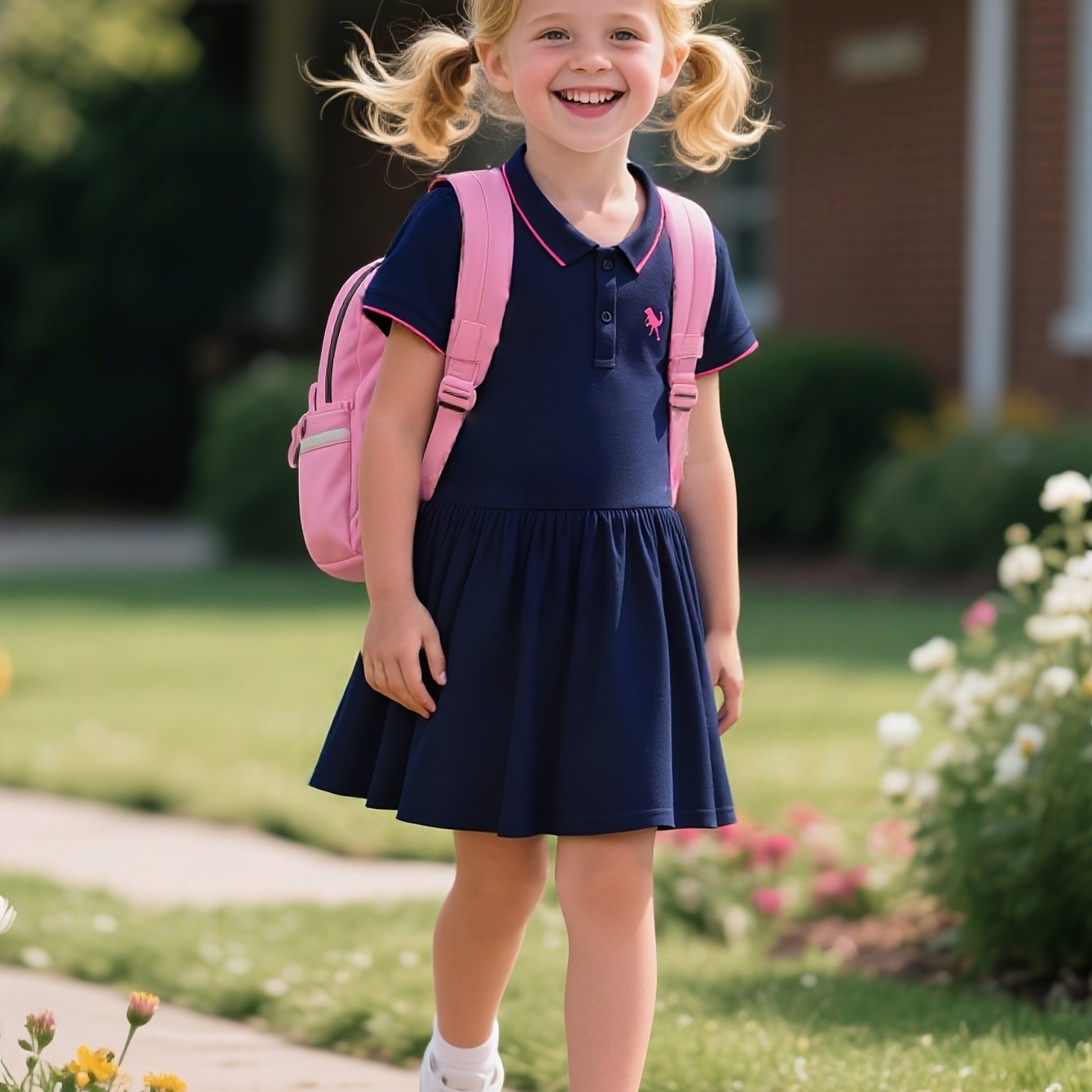 Image of Back To School Girls' Summer Dress Short Sleeve European And American Lapel Button Girls' Casual School Uniform Princess Skirt 2-7y