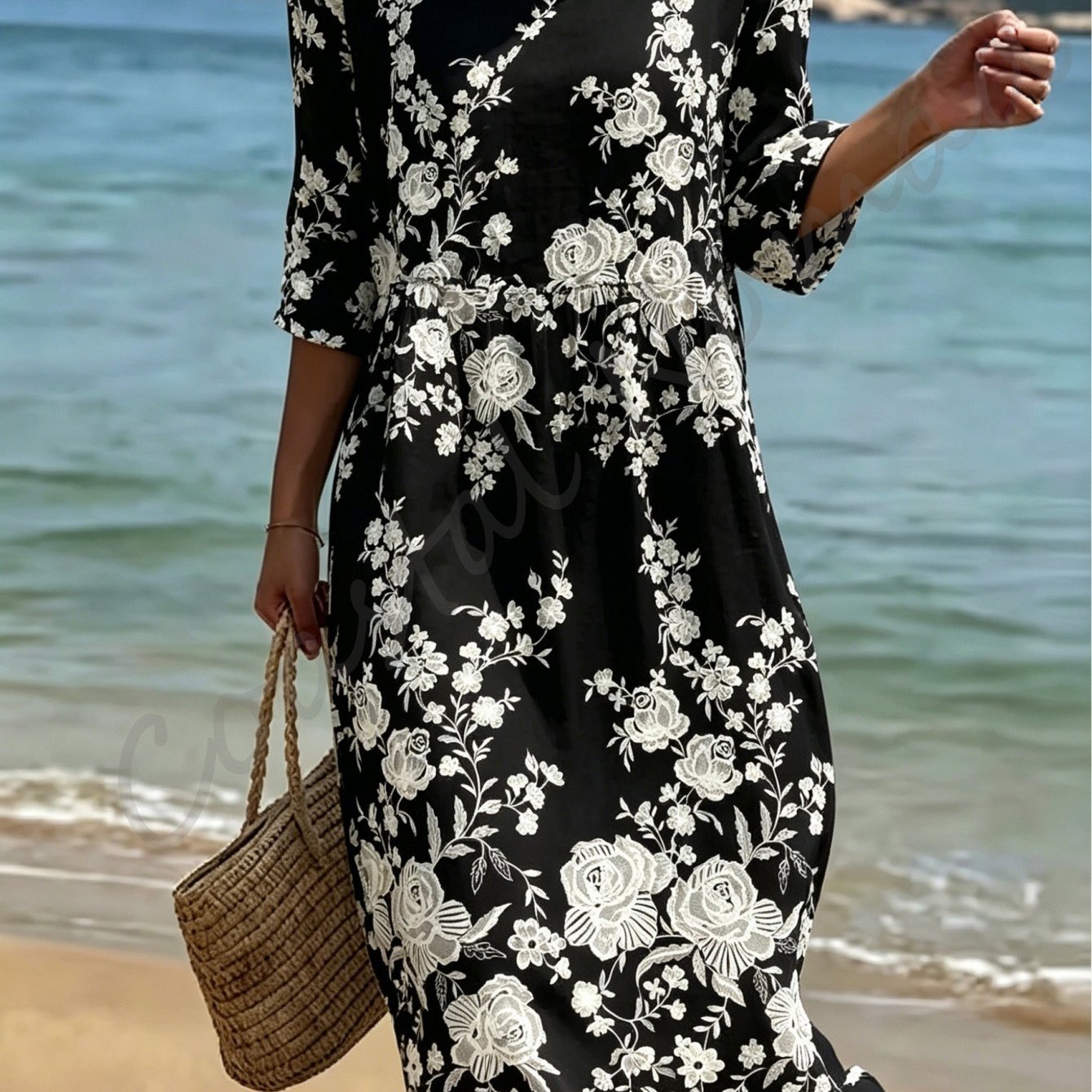 Women's Summer Beach Dress, Round Neck And Three-quarter Sleeves, Made Of Breathable And Skin-friendly Polyester Fabric, Loose And Comfortable, Floral Print, Elegant And Gentle .