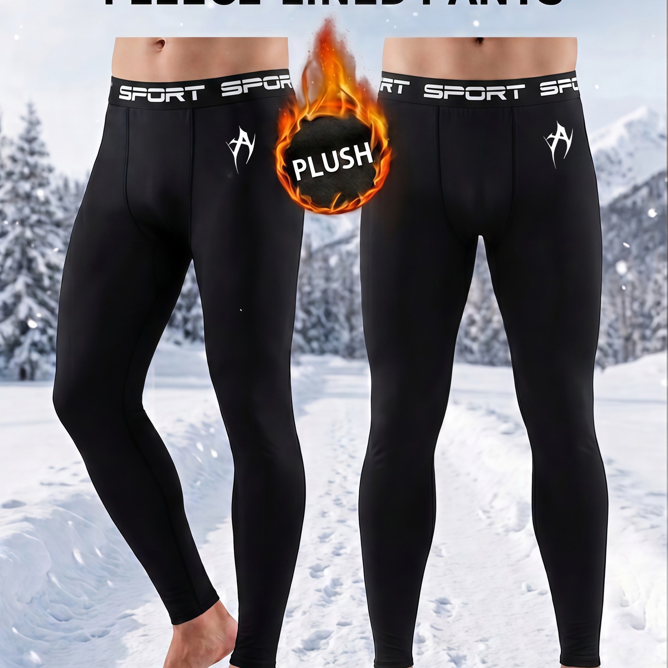 TEMU 2pcs Men's Winter Thermal Compression Leggings "a" Graphic Logo Print Sport Letter Waistband Soft Black Plush Fleece Lined Base Layer Tights For