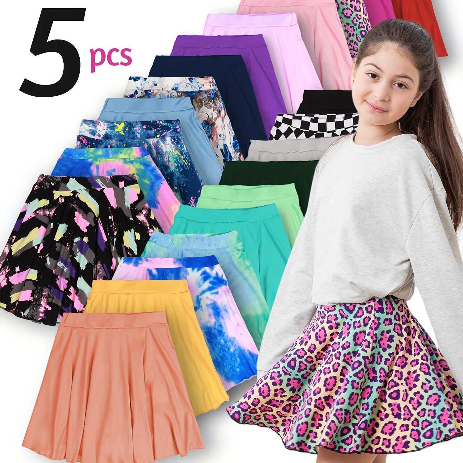 Image of Random 5pcs Set Of Skort Leggings For Girls, Spring/summer Casual Ultra-stretchy Flared Sun Skirt Leggings Set