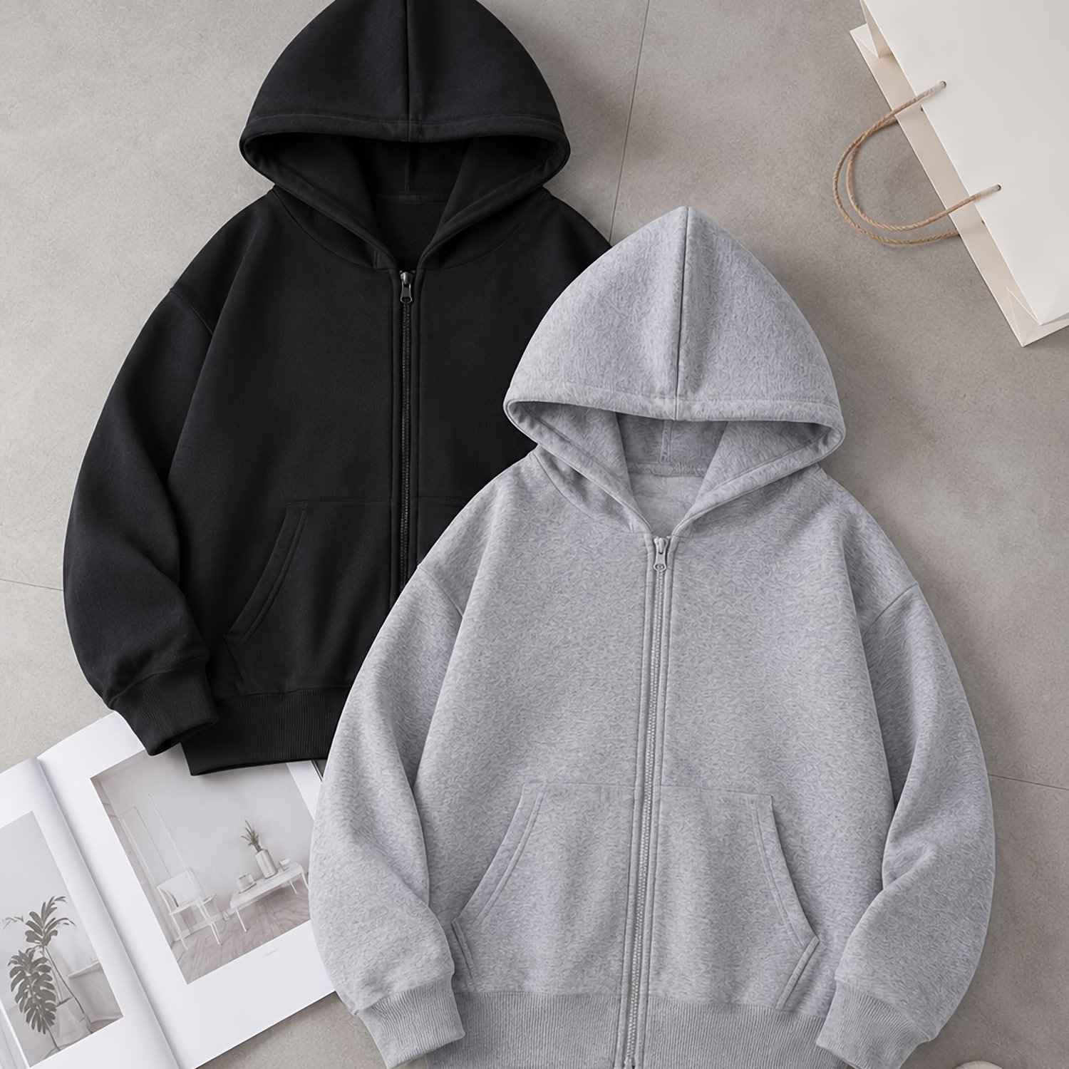 Image of 2pcs Boys' Autumn And Spring Light Fleece-lined Zip-up Long-sleeve Hooded Cardigan - Stylish, For Outdoor Sports, Casual Wear And Jogging, Boys And Teens Clothing, Back To School Essentials
