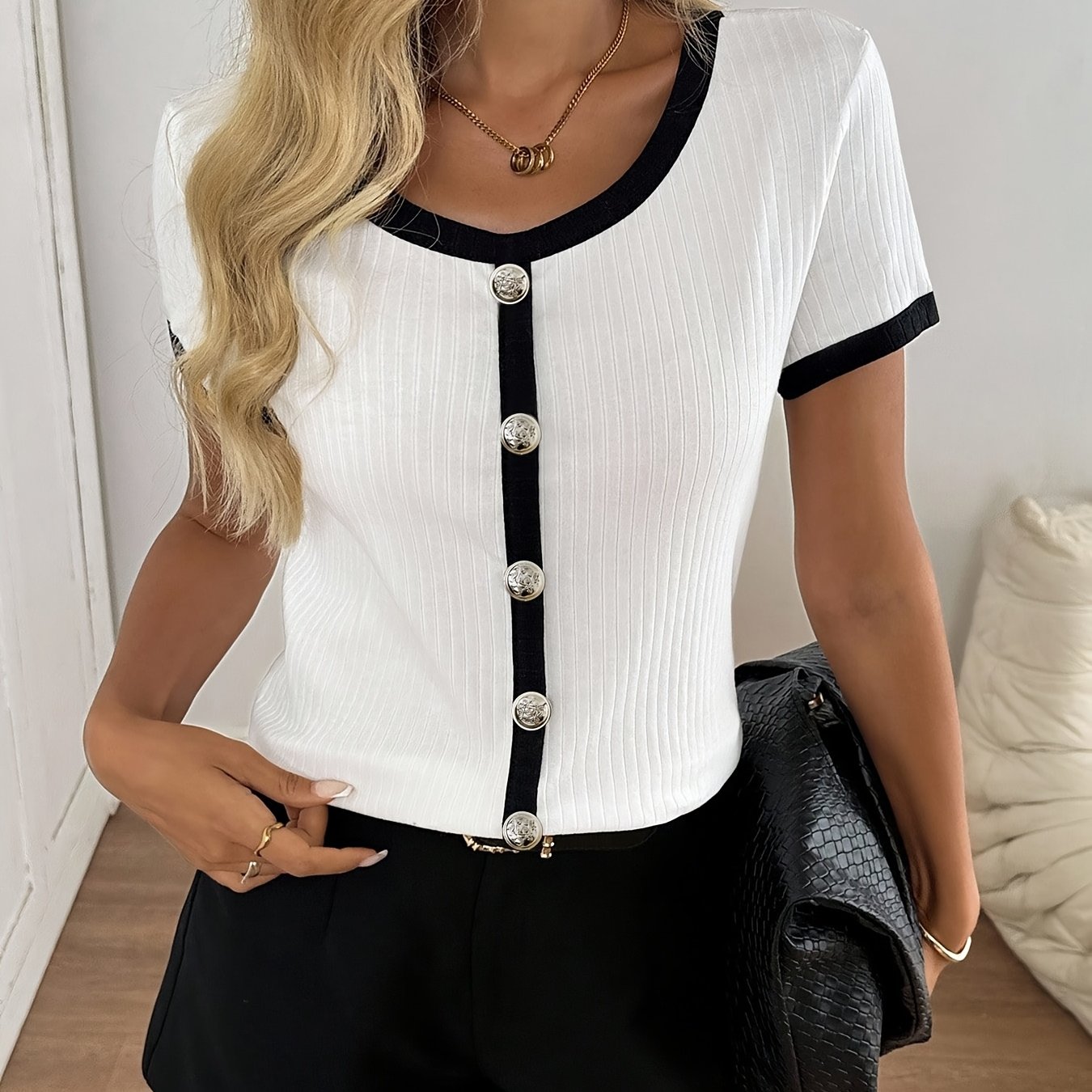 TEMU Women's Round Neck Button-up Short Sleeve T-shirt, Versatile Short Sleeve Top For Spring Summer