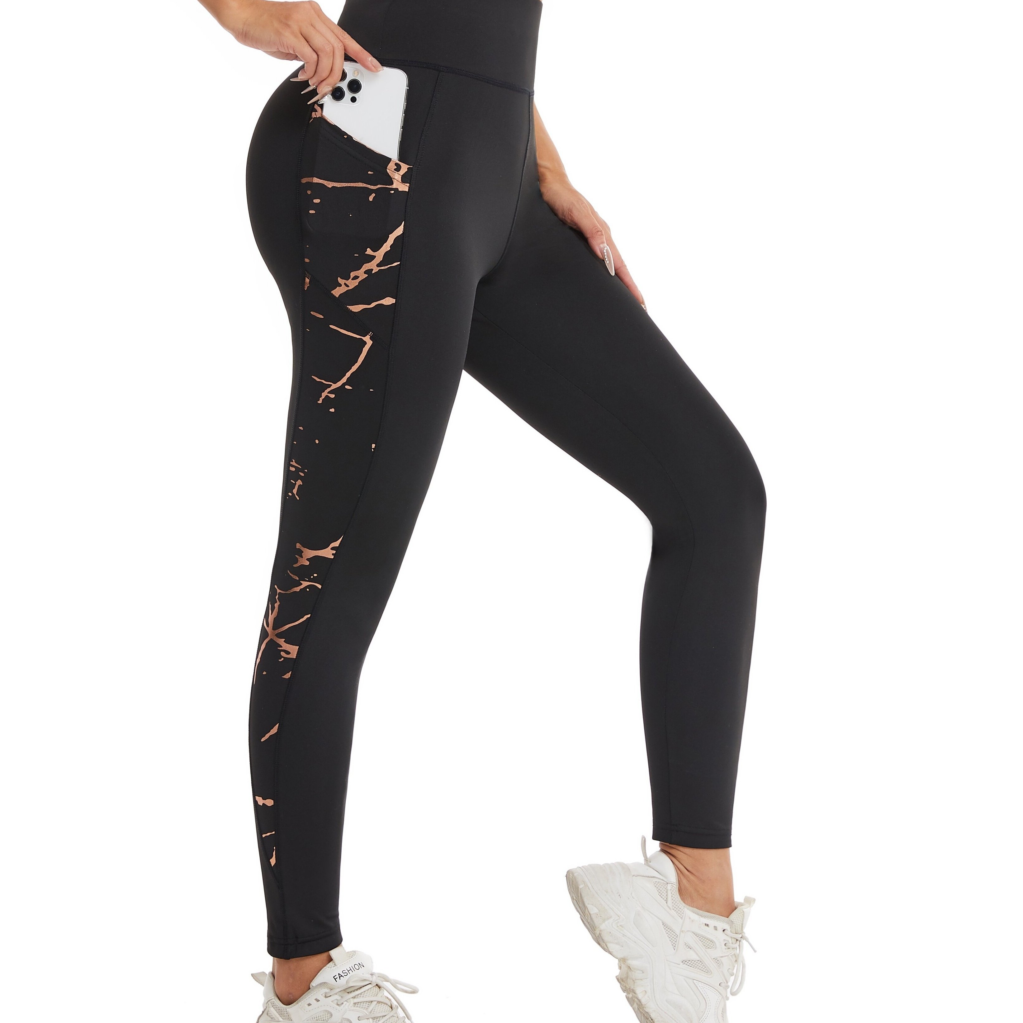 E-shop Hochtaillierte Yoga-Leggings mit Sternenprint & Handytasche – Vollständige Workout-Hose, Goldfarbene Sport-Bauchkontrolle, Nicht Durchsichtige