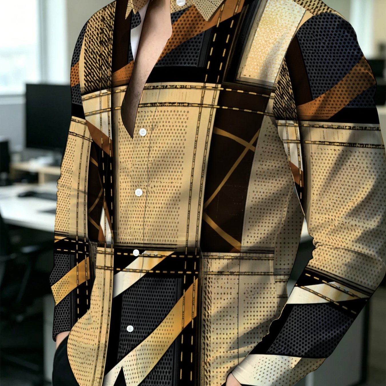 TEMU Men's Retro Geometric Plaid Long Sleeve Shirt Business Casual Slim Fit Turn- Collar Button Shirt