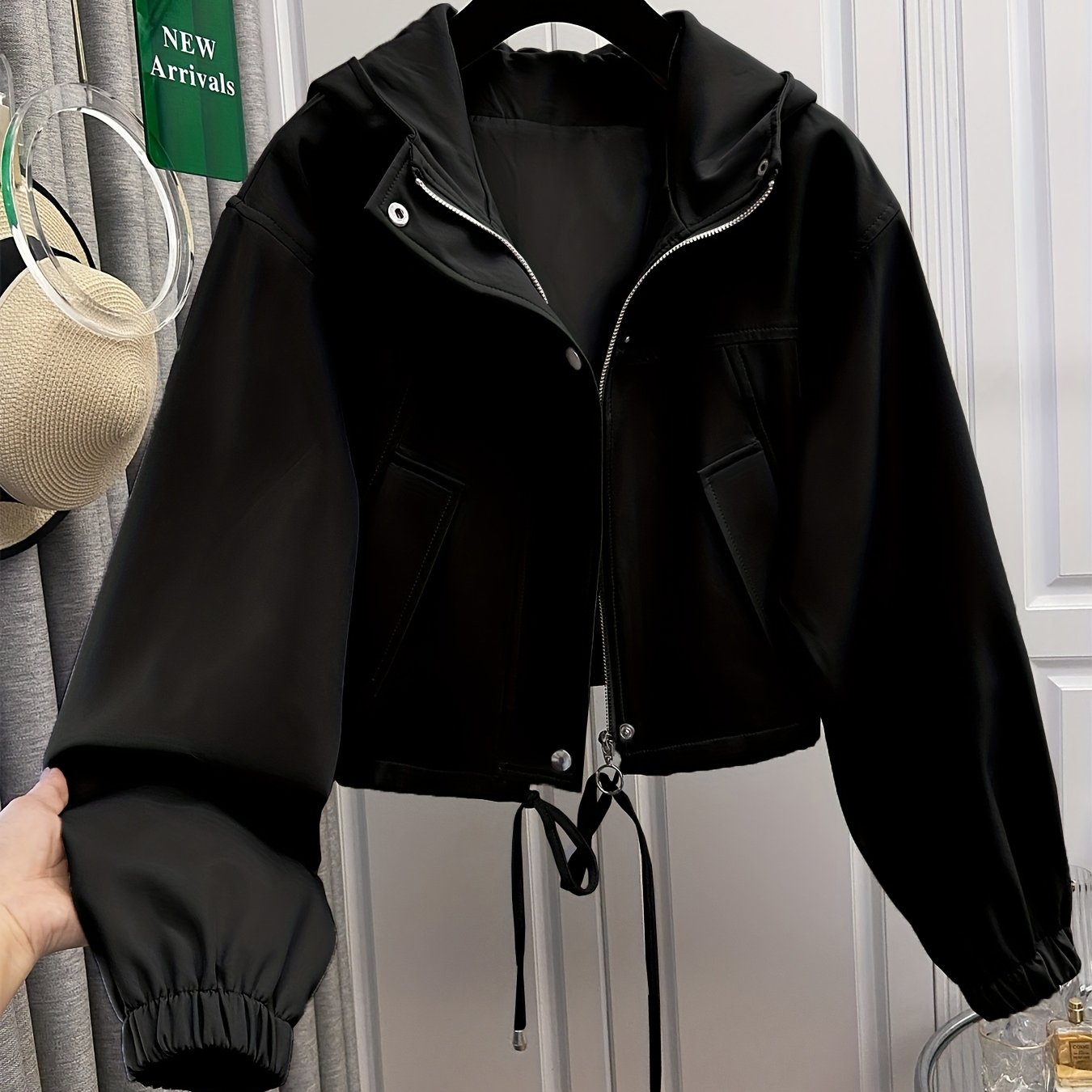 TEMU Short Solid Color Casual Women's Drawstring Pocket Hooded Loose Versatile Jacket