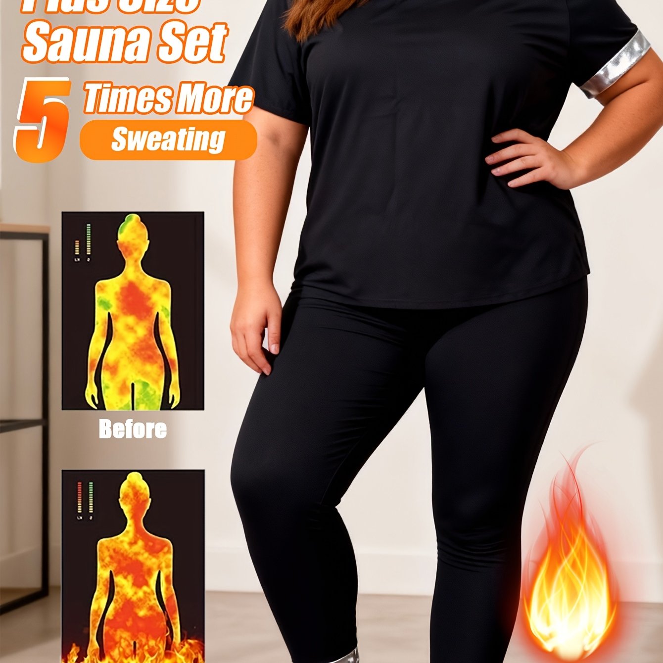 TEMU Taglie Forti - Taglie Forti - Set Taglie Forti da Donna con Pantaloni Lunghi e Maniche Corte - un Top a Maniche Corte da Sauna e un Leggings da