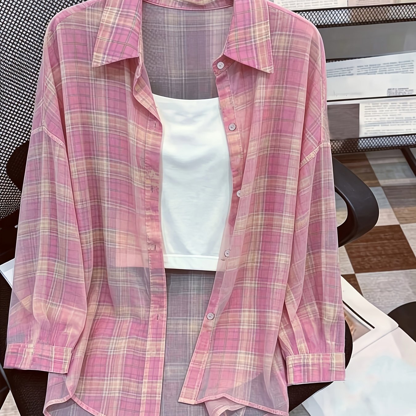 TEMU Elegant And Stylish Women's Lightweight Loose-fit Semi-sheer Pink Plaid Casual Shirt
